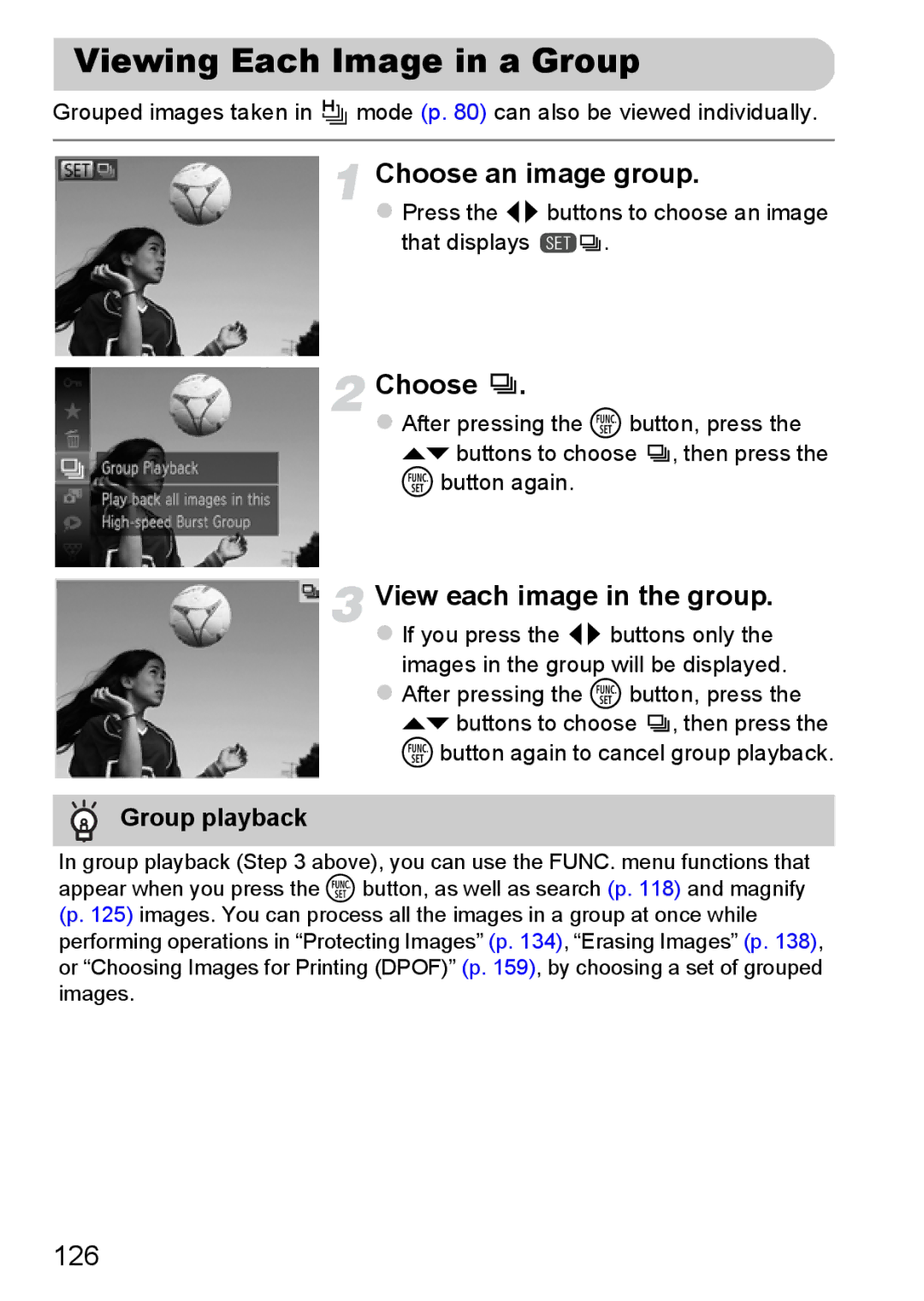 Canon 117 HS manual Viewing Each Image in a Group, Choose an image group, View each image in the group, 126, Group playback 