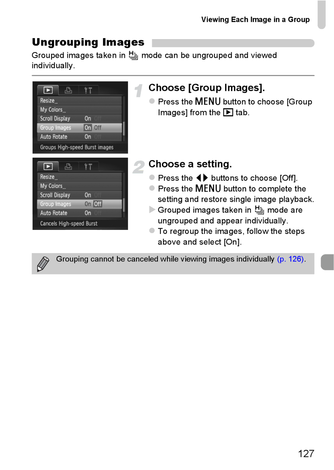 Canon 115 HS manual Ungrouping Images, Choose Group Images, 127,  Press the n button to choose Group Images from the 1 tab 