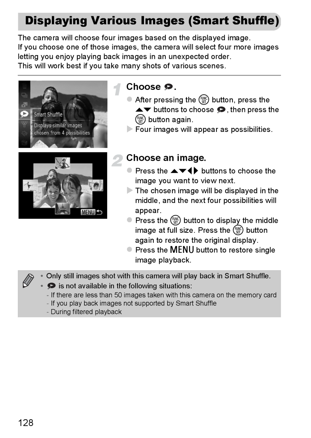 Canon 117 HS Displaying Various Images Smart Shuffle, 128, Appear,  Press the n button to restore single image playback 