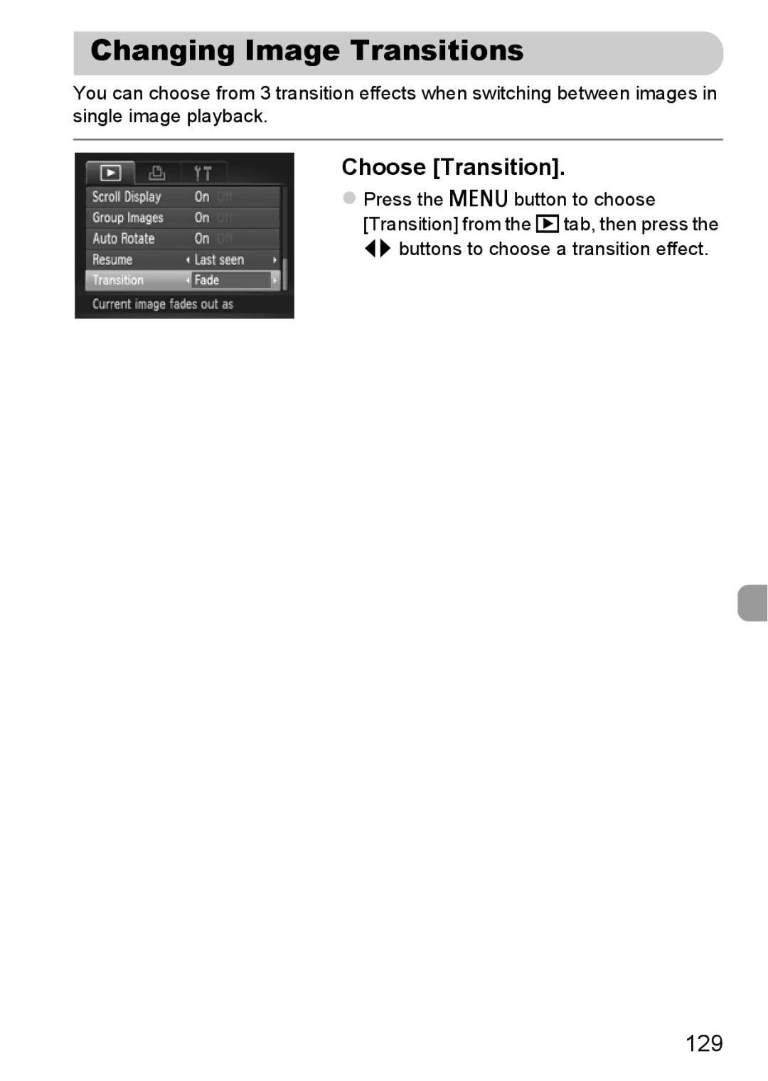 Canon 115 HS, 117 HS manual Changing Image Transitions, Choose Transition, 129 