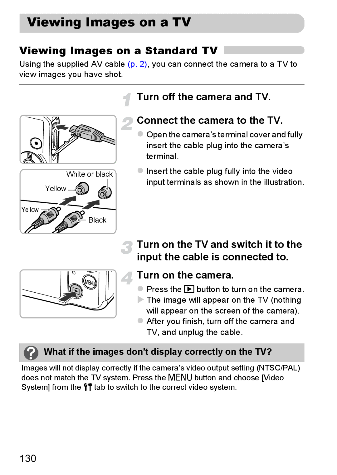 Canon 117 HS, 115 HS manual Viewing Images on a TV, Viewing Images on a Standard TV, 130 