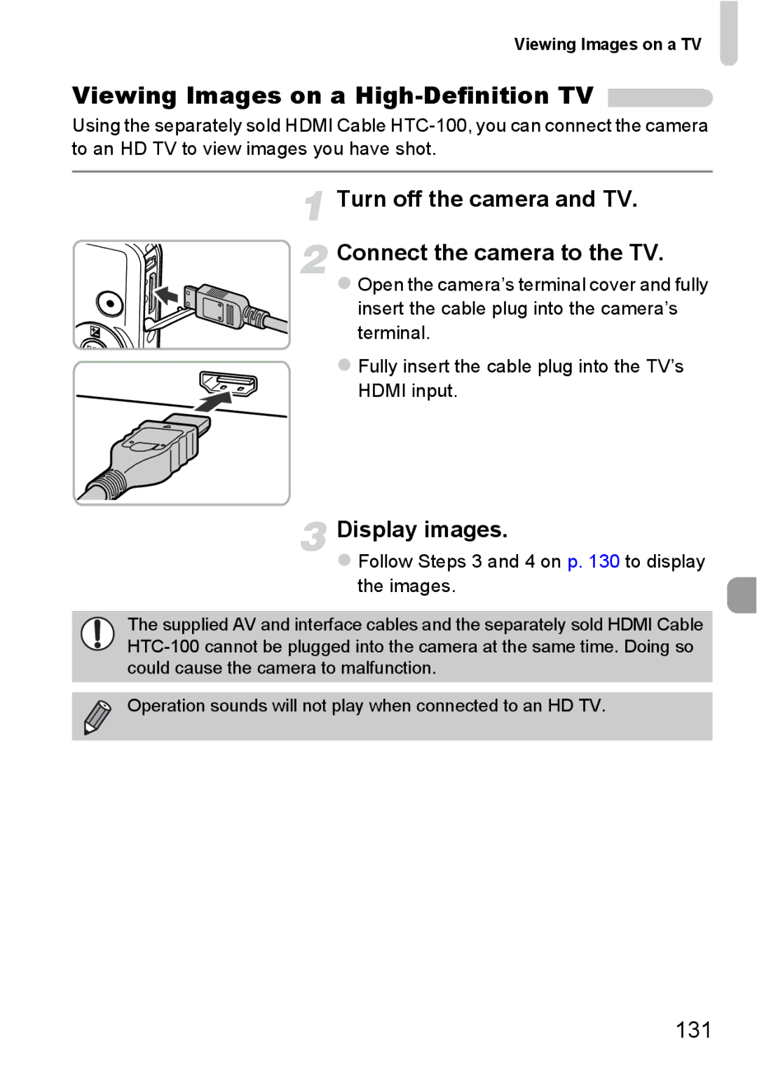 Canon 115 HS Viewing Images on a High-Definition TV, Display images, 131,  Follow Steps 3 and 4 on p to display Images 