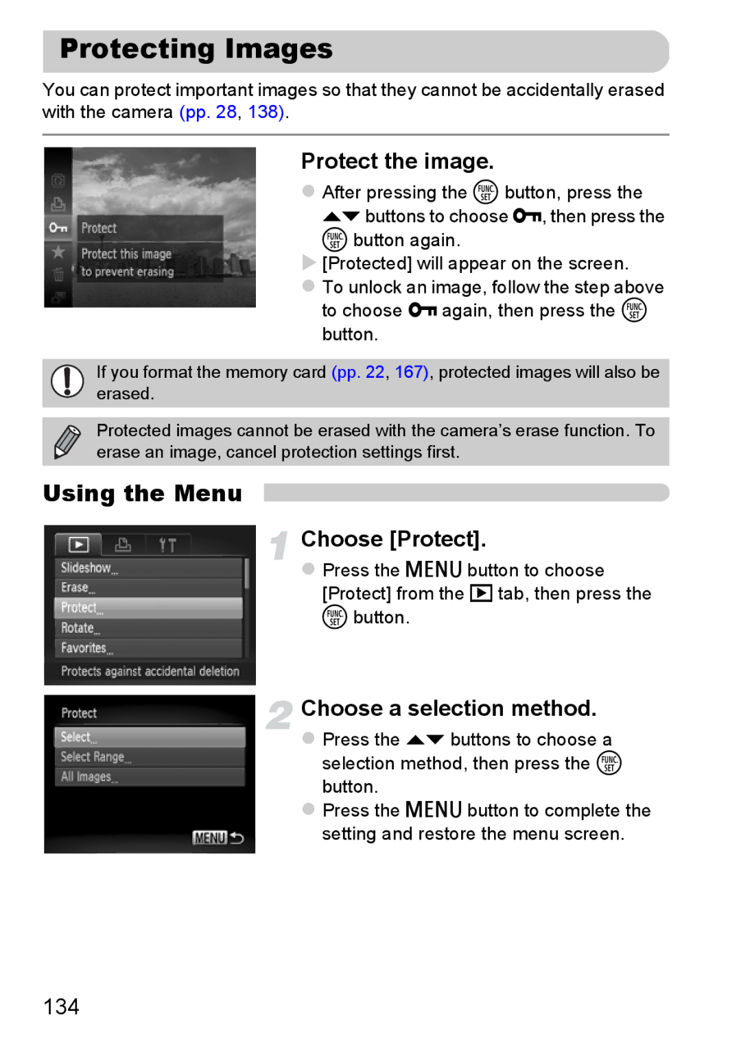 Canon 117 HS, 115 HS manual Protecting Images, Protect the image, Choose Protect, Choose a selection method, 134 