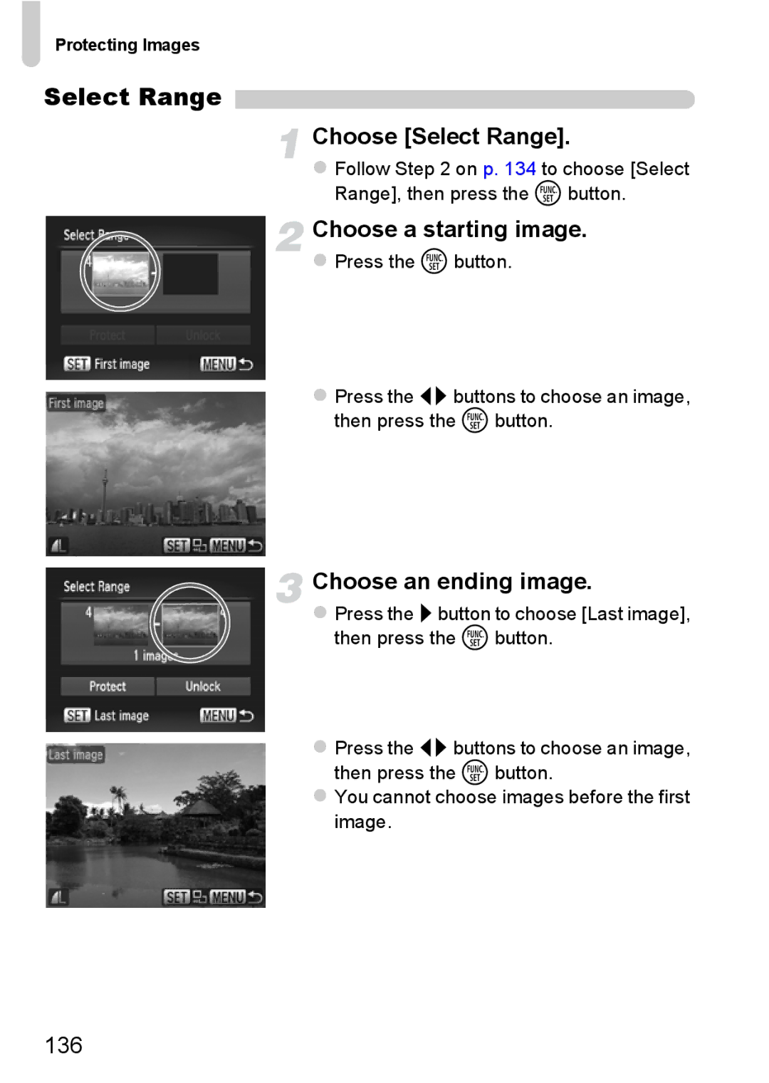 Canon 117 HS, 115 HS manual Choose Select Range, Choose a starting image, Choose an ending image, 136 