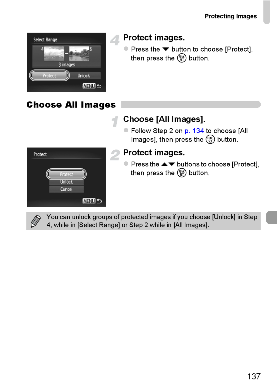 Canon 115 HS, 117 HS manual Choose All Images, Protect images, 137 