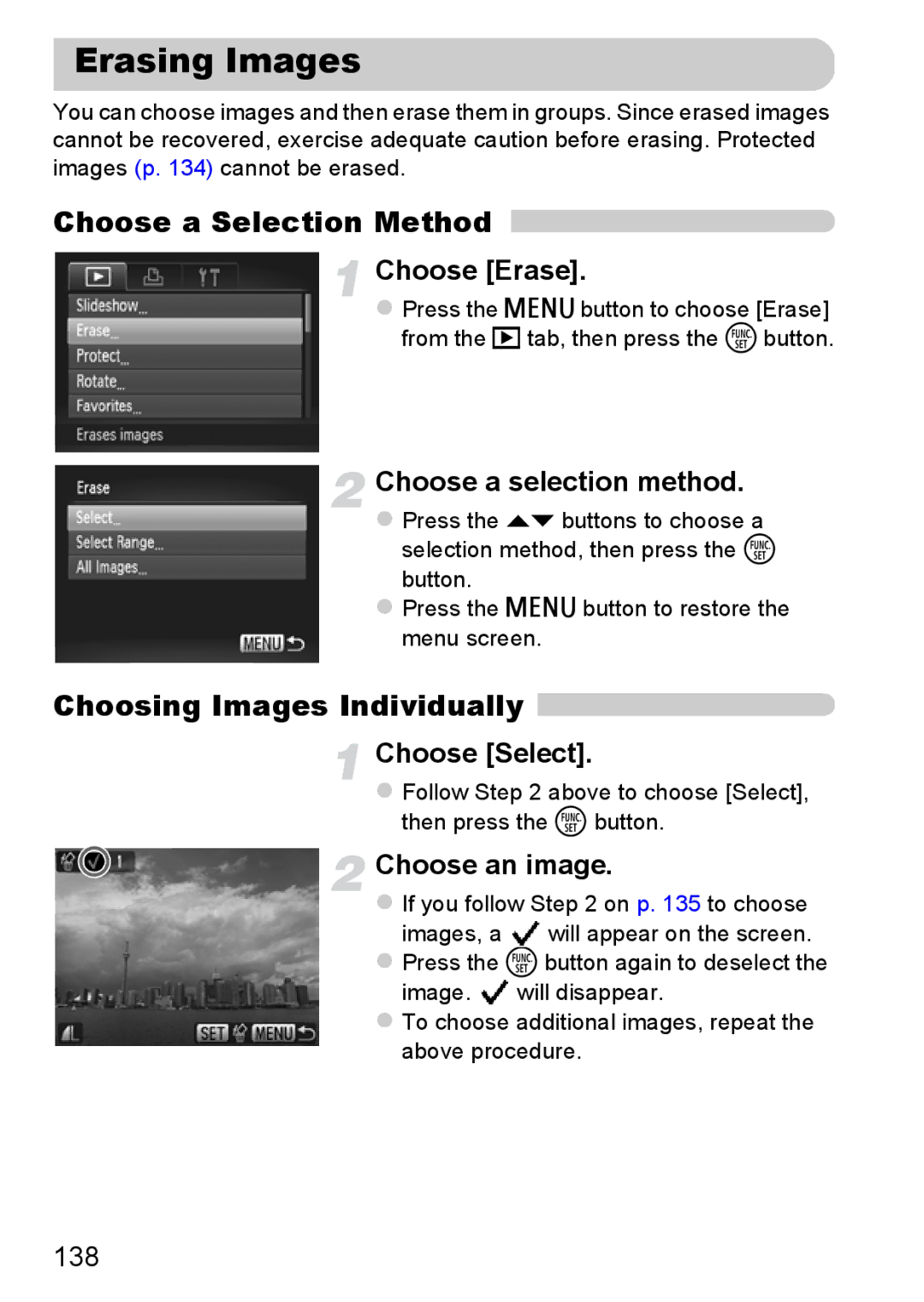 Canon 117 HS manual Choose a Selection Method, Choose Erase, 138,  Follow above to choose Select, then press the m button 