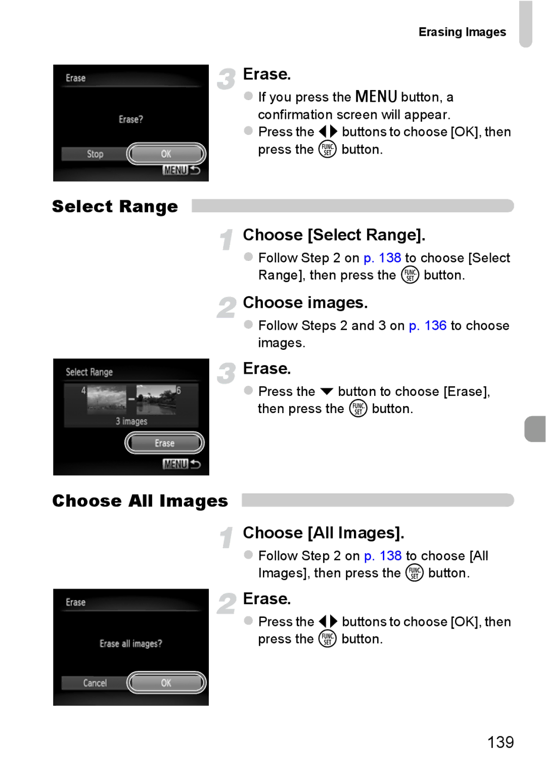 Canon 115 HS, 117 HS manual Erase, 139,  Follow Steps 2 and 3 on p to choose images, Erasing Images 