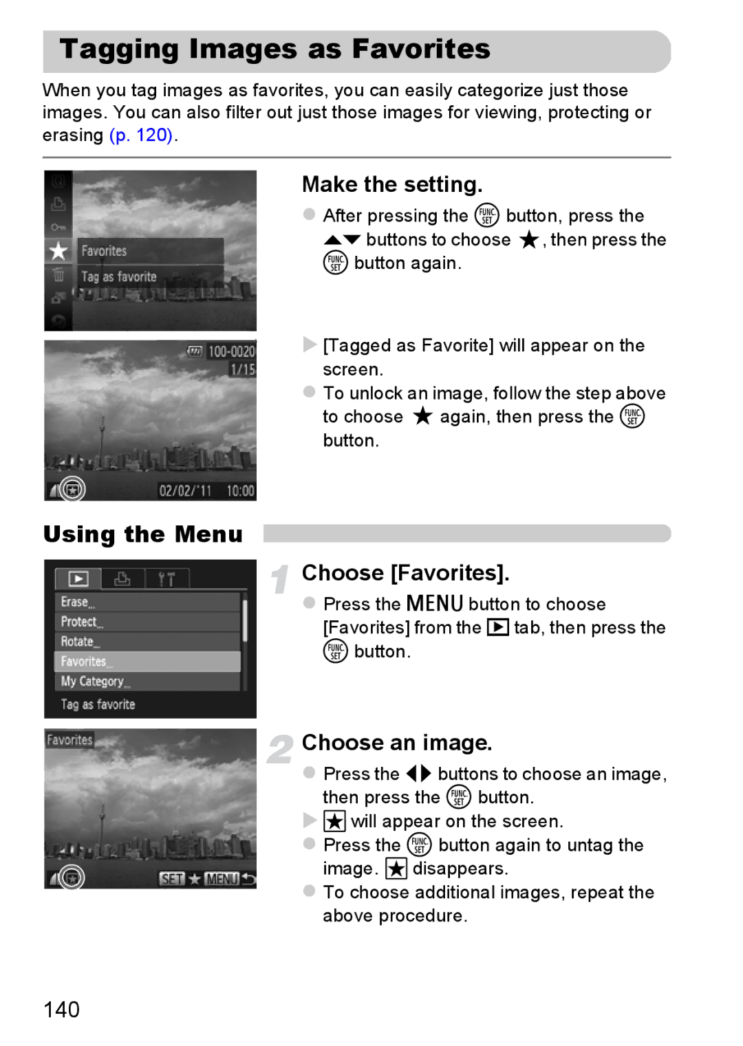 Canon 117 HS, 115 HS manual Tagging Images as Favorites, Make the setting, Choose Favorites, 140 