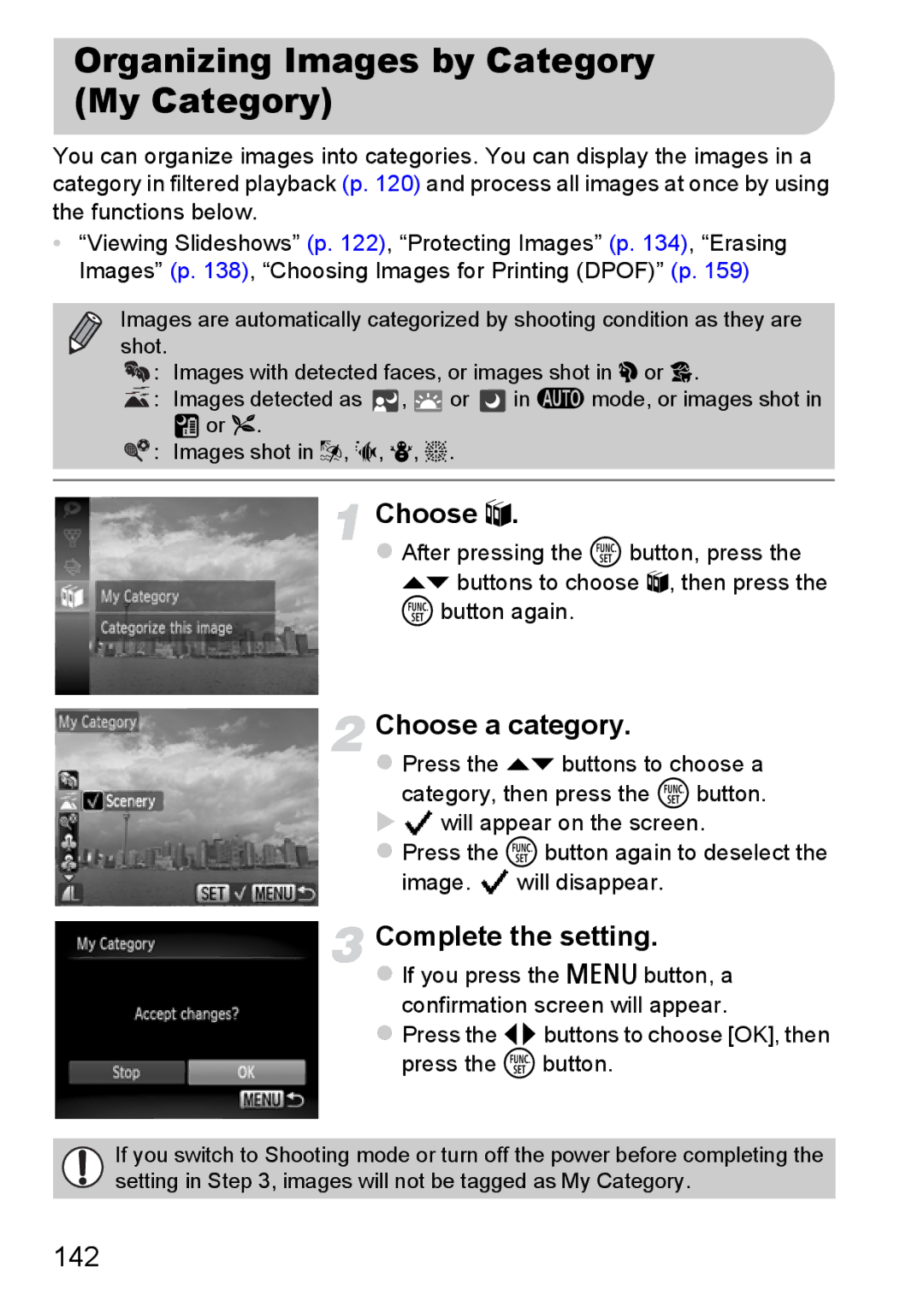 Canon 117 HS, 115 HS manual Organizing Images by Category My Category, Choose a category, 142 