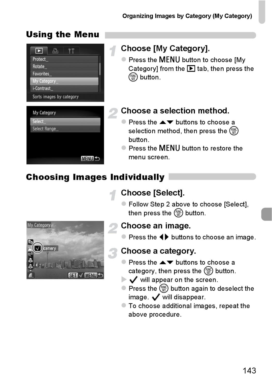 Canon 115 HS, 117 HS manual Choose My Category, 143,  Follow above to choose Select Then press the m button 