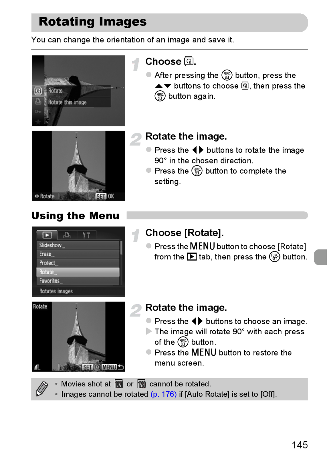 Canon 115 HS, 117 HS manual Rotating Images, Rotate the image, Choose Rotate, 145 