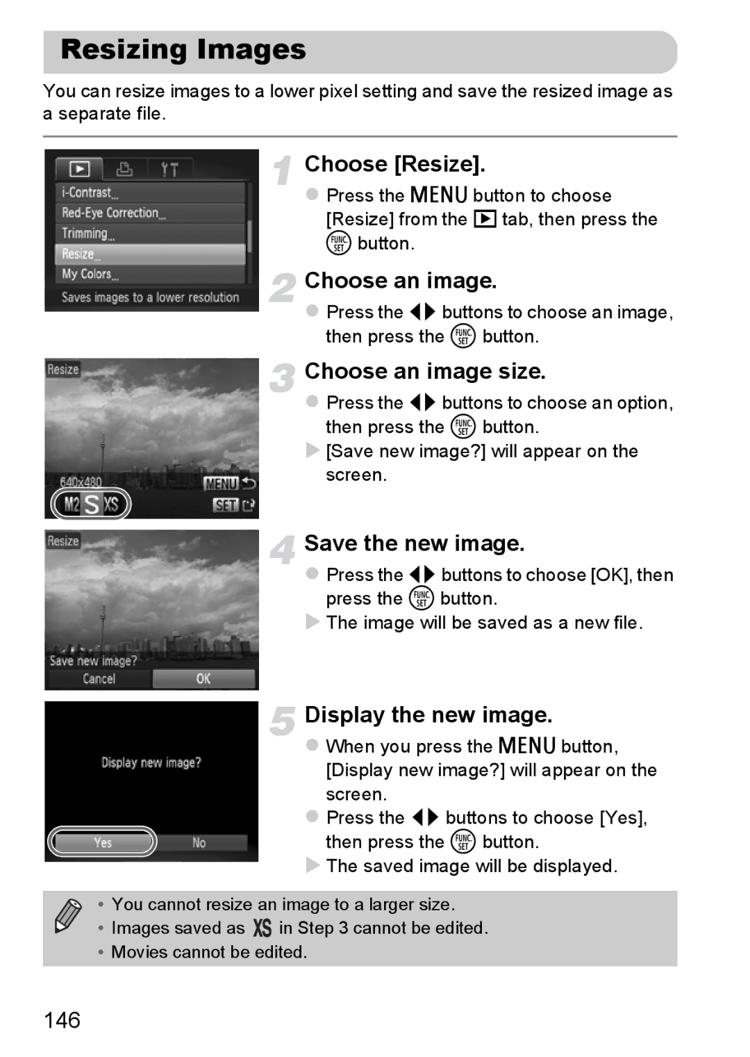 Canon 117 HS, 115 HS manual Resizing Images, Choose Resize, Choose an image size, Save the new image, Display the new image 