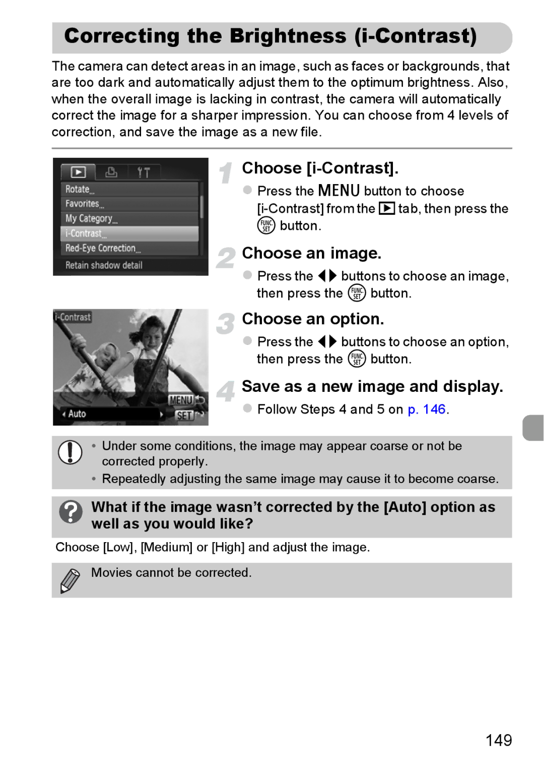 Canon 115 HS, 117 HS manual Correcting the Brightness i-Contrast, 149 