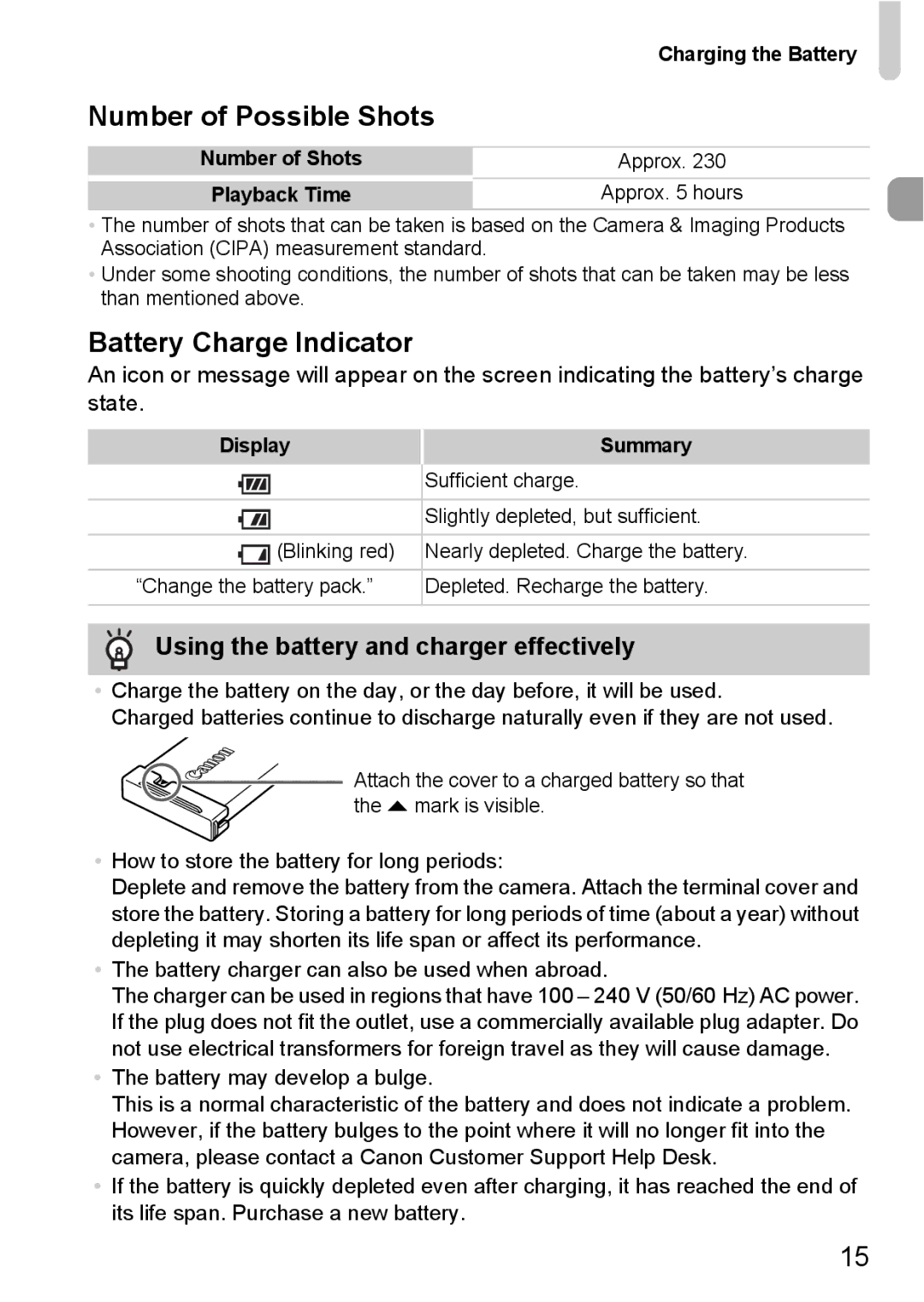 Canon 115 HS, 117 HS manual Number of Possible Shots, Battery Charge Indicator, Using the battery and charger effectively 