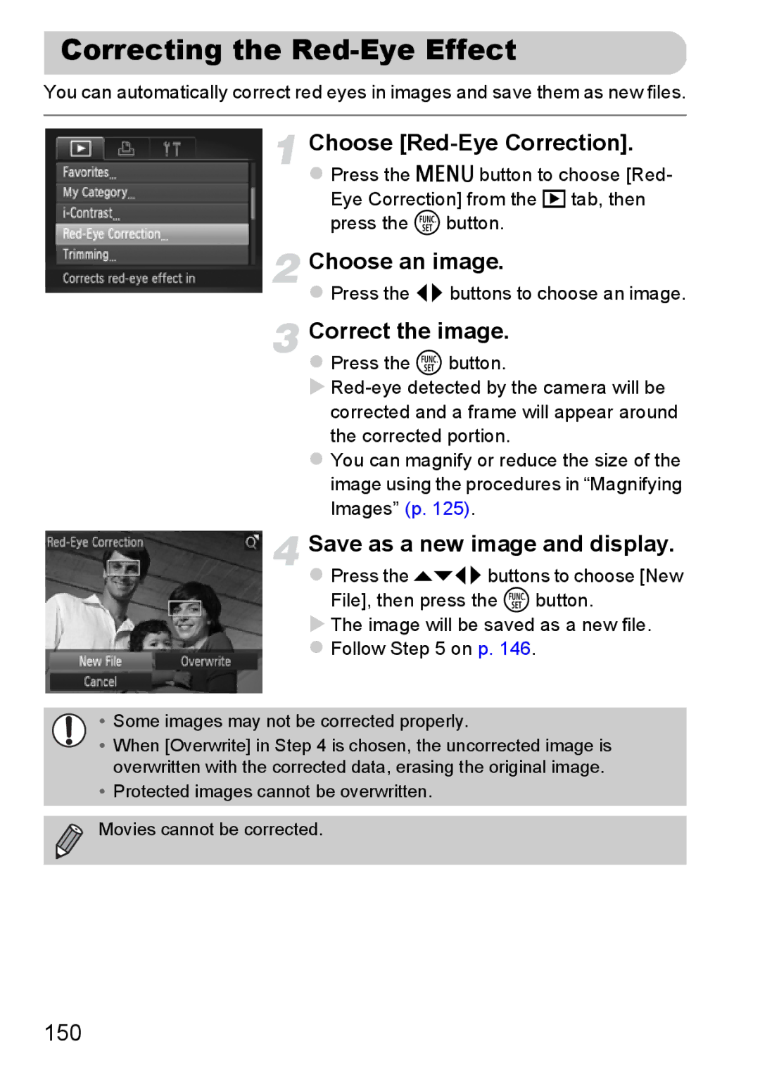 Canon 117 HS, 115 HS manual Correcting the Red-Eye Effect, Choose Red-Eye Correction, Correct the image, 150 