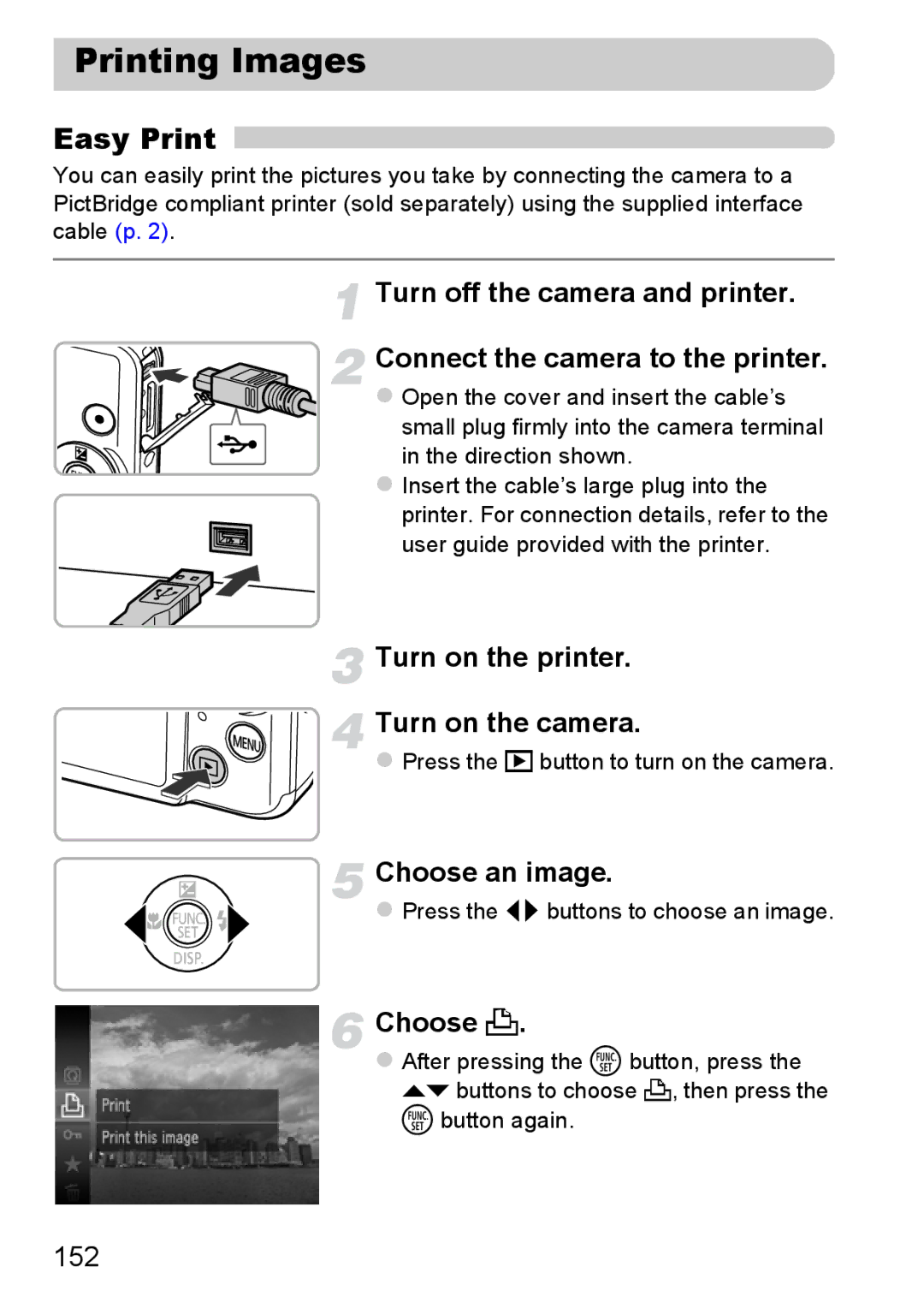 Canon 117 HS, 115 HS manual Printing Images, Easy Print, Turn on the printer Turn on the camera, 152 