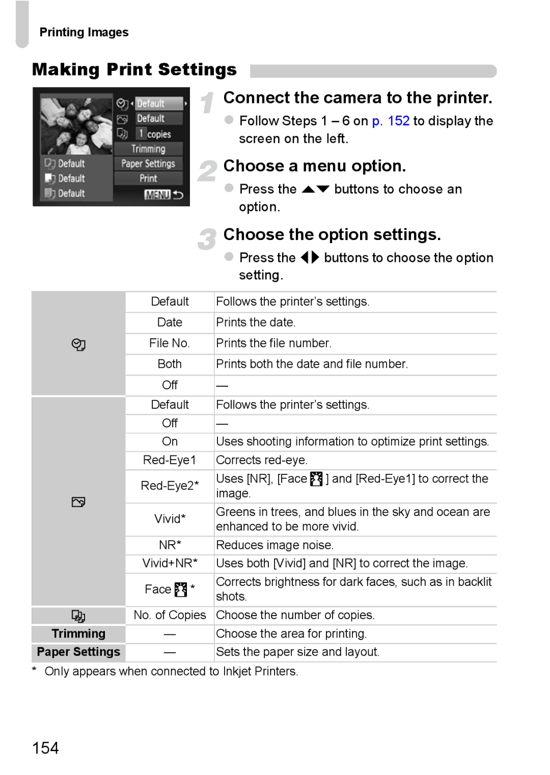 Canon 117 HS, 115 HS manual Making Print Settings, Choose a menu option, Choose the option settings, 154 