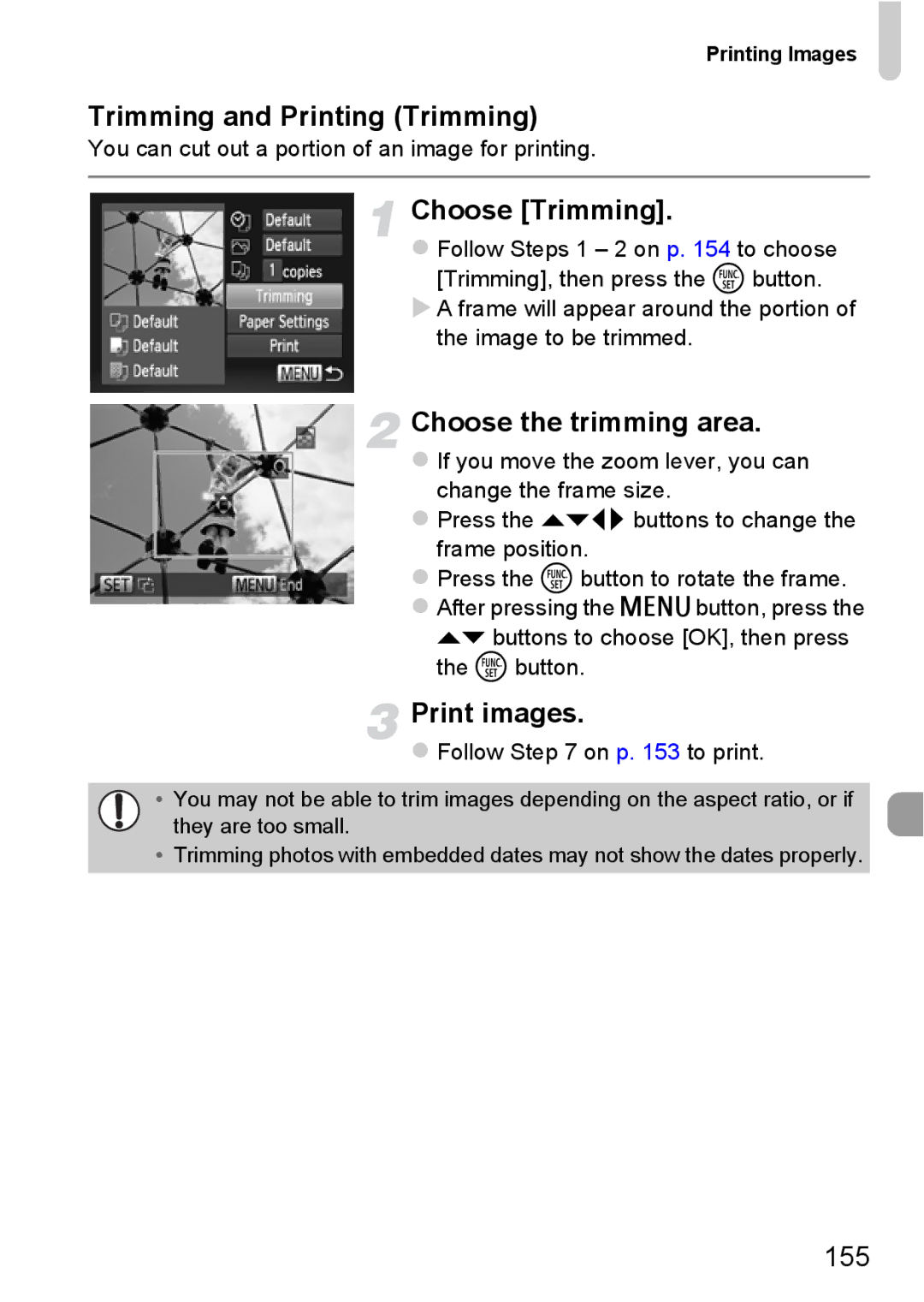 Canon 115 HS, 117 HS manual Trimming and Printing Trimming, Choose the trimming area, 155,  Follow on p to print 