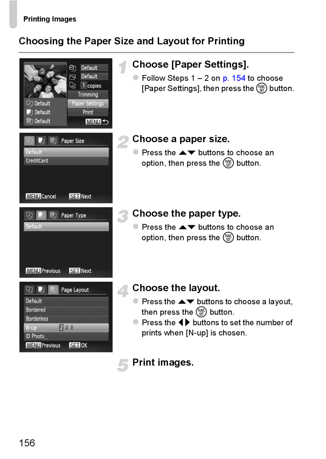 Canon 117 HS, 115 HS manual Choose a paper size, Choose the paper type, Choose the layout, 156 