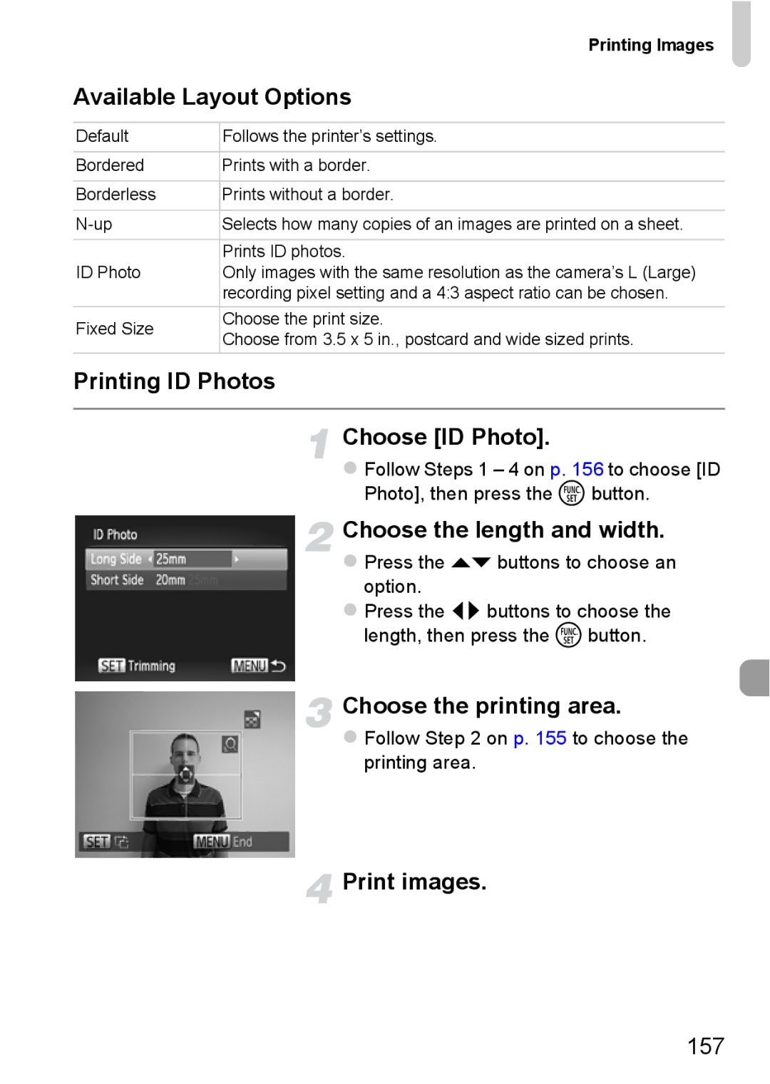 Canon 115 HS, 117 HS manual Available Layout Options, Printing ID Photos Choose ID Photo, Choose the length and width, 157 