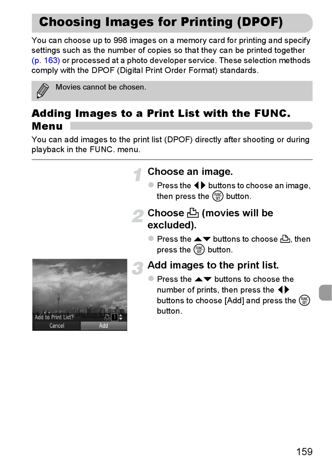 Canon 115 HS, 117 HS manual Choosing Images for Printing Dpof, Adding Images to a Print List with the FUNC. Menu, 159 