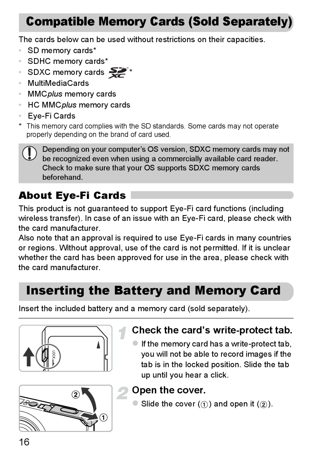 Canon 117 HS, 115 HS Compatible Memory Cards Sold Separately, Inserting the Battery and Memory Card, About Eye-Fi Cards 