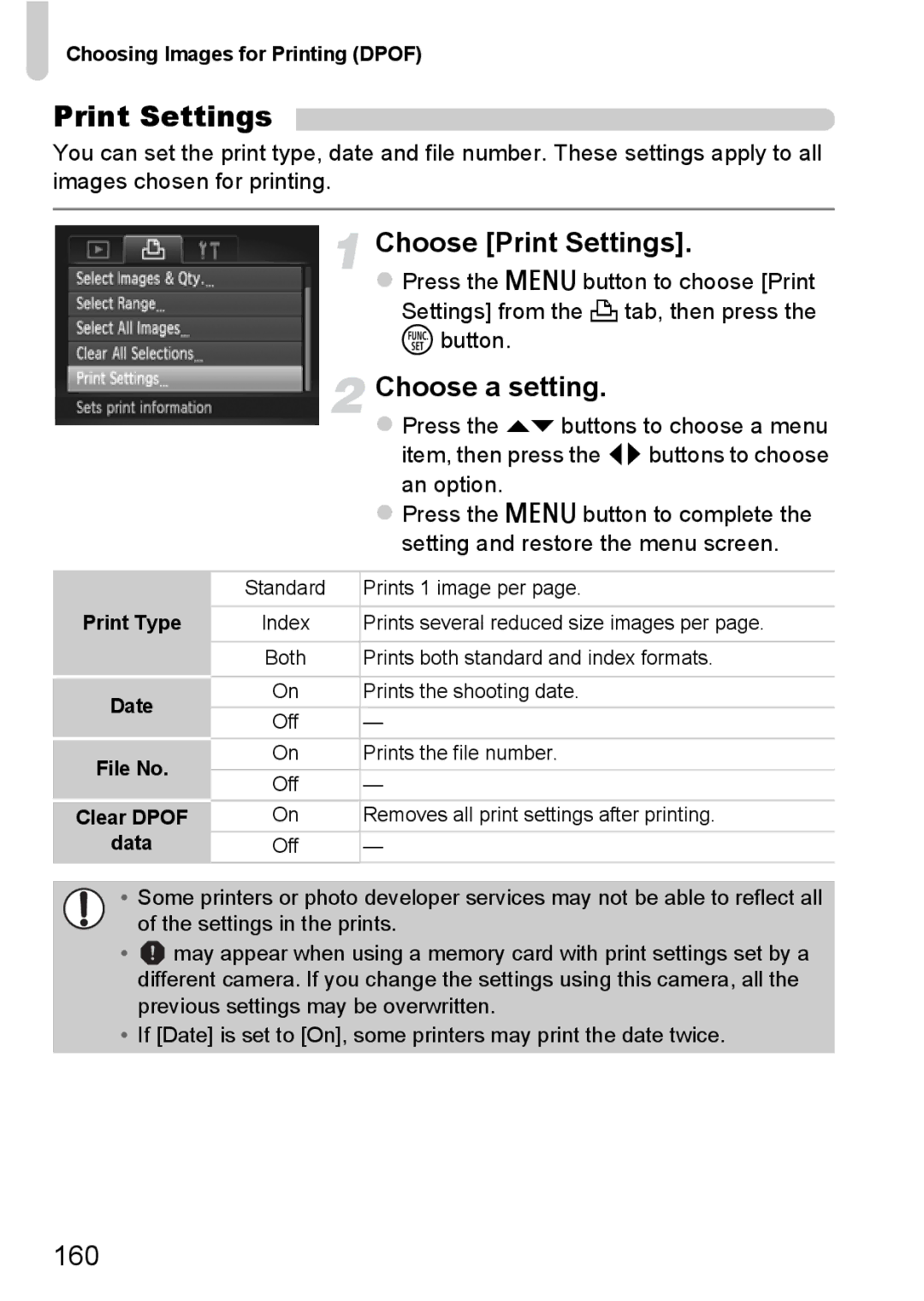 Canon 117 HS Choose Print Settings, 160, Choosing Images for Printing Dpof, Print Type Date File No Clear Dpof Data 