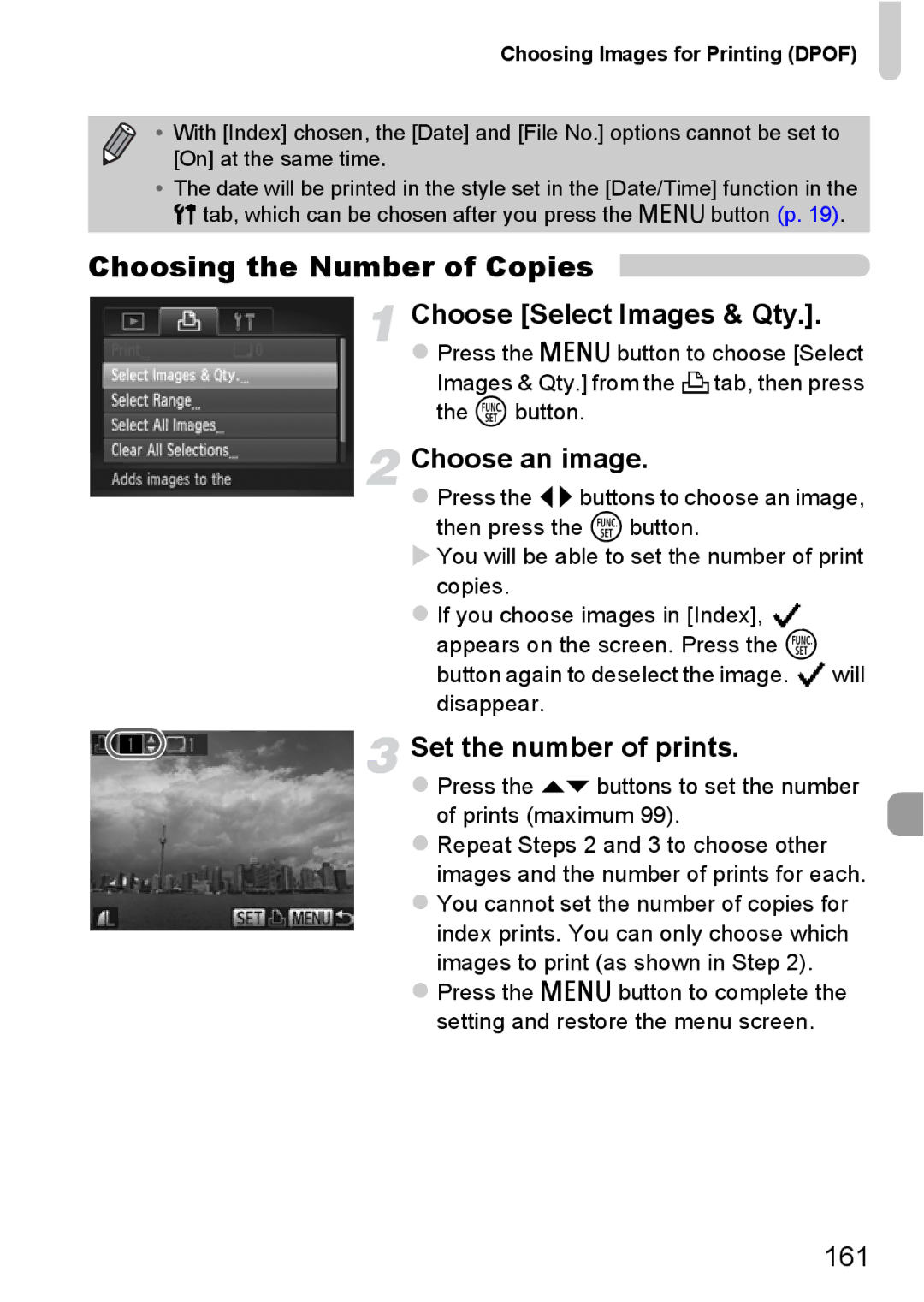 Canon 115 HS, 117 HS manual Choosing the Number of Copies, Choose Select Images & Qty, Set the number of prints, 161 