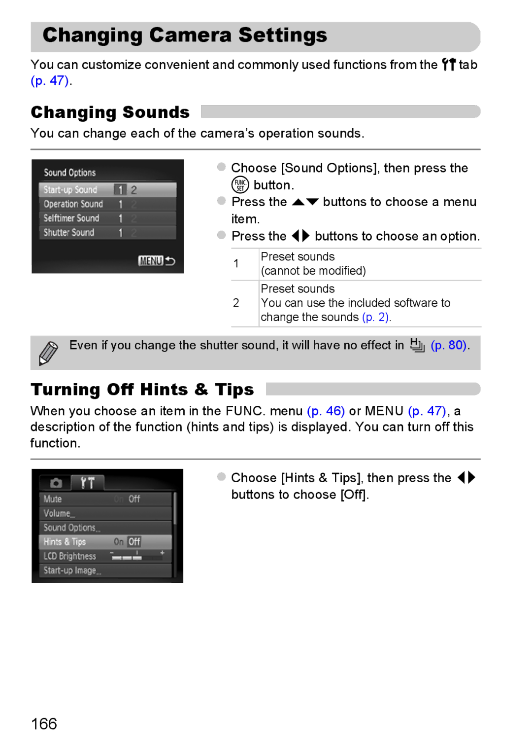 Canon 117 HS, 115 HS manual Changing Camera Settings, Changing Sounds, Turning Off Hints & Tips, 166 