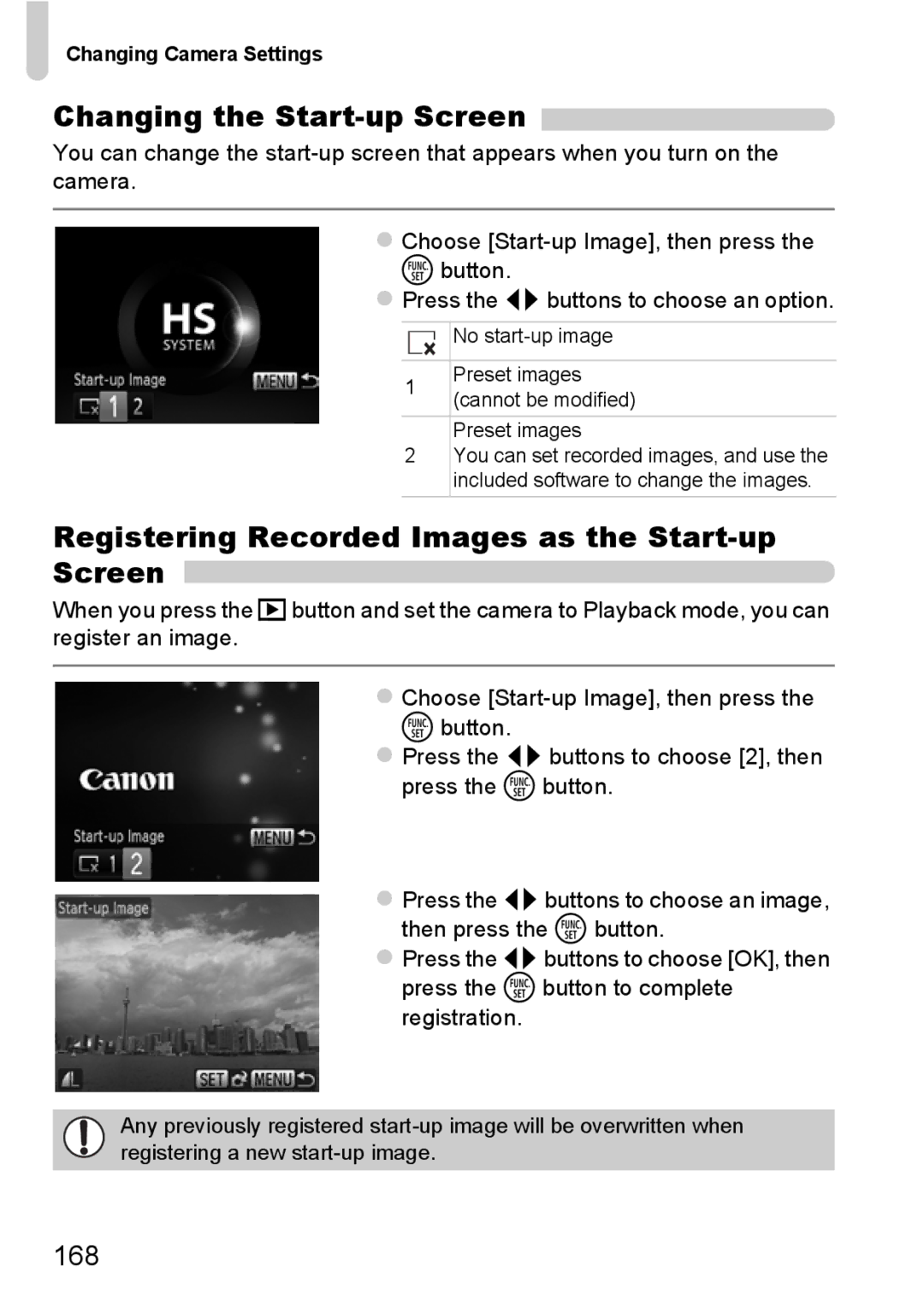 Canon 117 HS, 115 HS manual Changing the Start-up Screen, Registering Recorded Images as the Start-up Screen, 168 