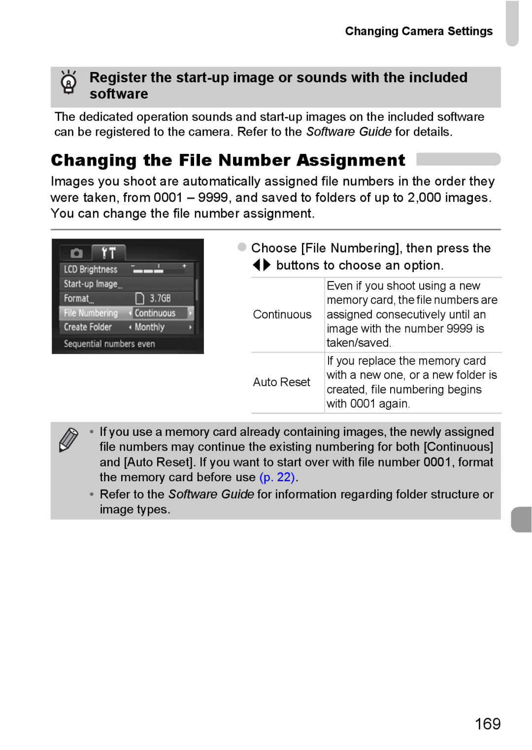 Canon 115 HS, 117 HS manual Changing the File Number Assignment, 169 