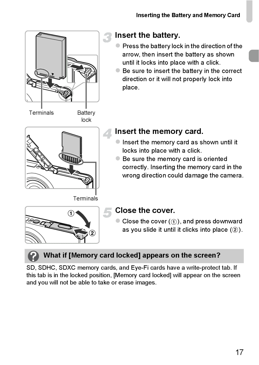 Canon 115 HS, 117 HS manual Insert the memory card, Close the cover, What if Memory card locked appears on the screen? 