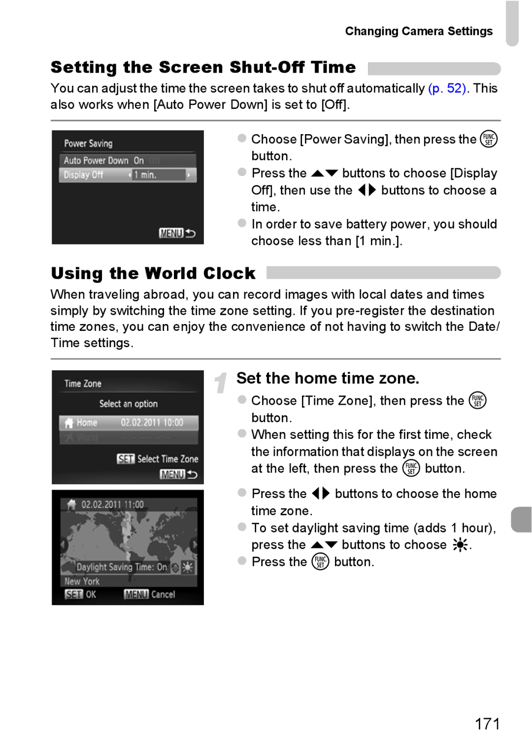 Canon 115 HS, 117 HS manual Setting the Screen Shut-Off Time, Using the World Clock, Set the home time zone, 171 