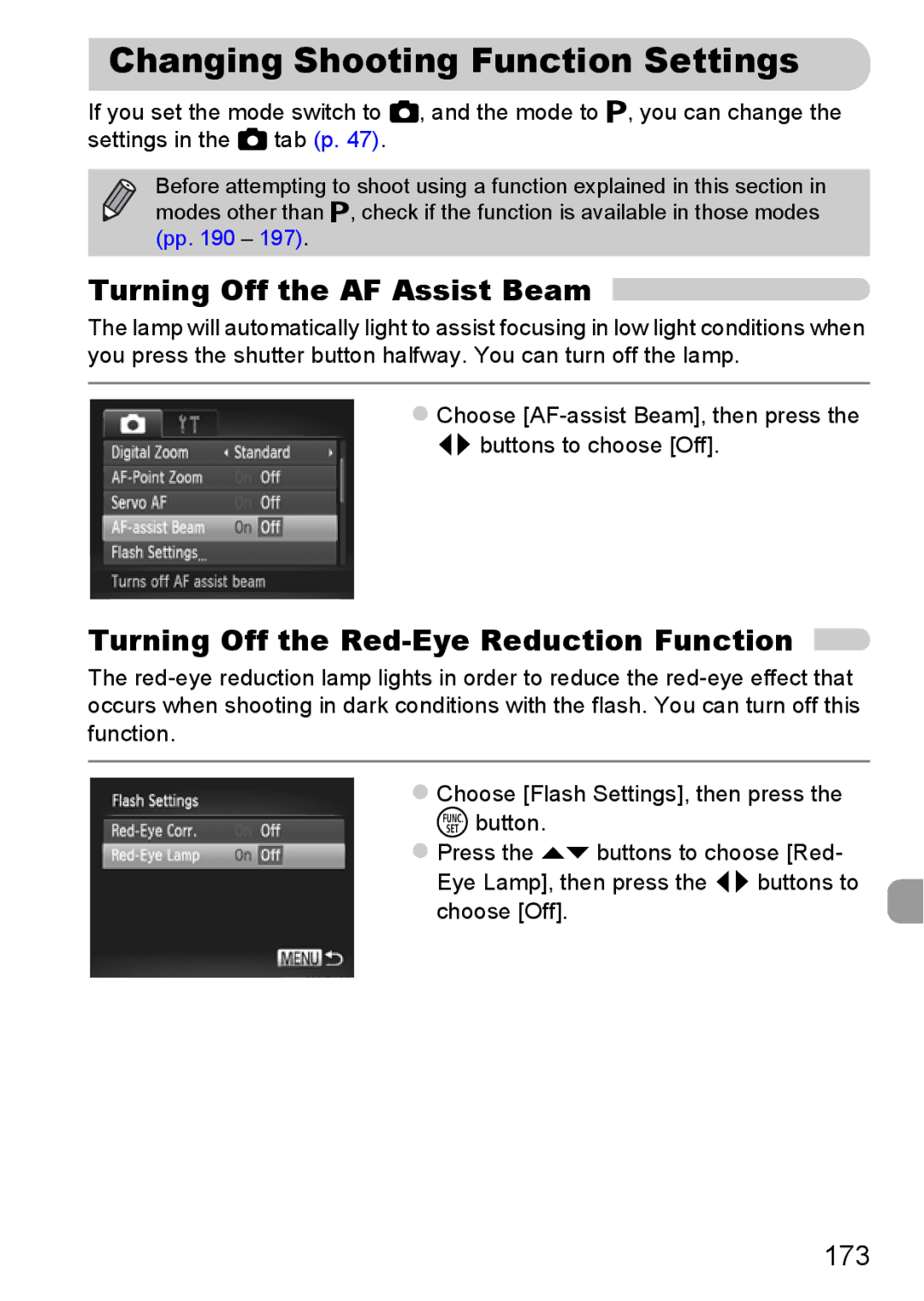 Canon 115 HS, 117 HS manual Changing Shooting Function Settings, Turning Off the AF Assist Beam, 173 