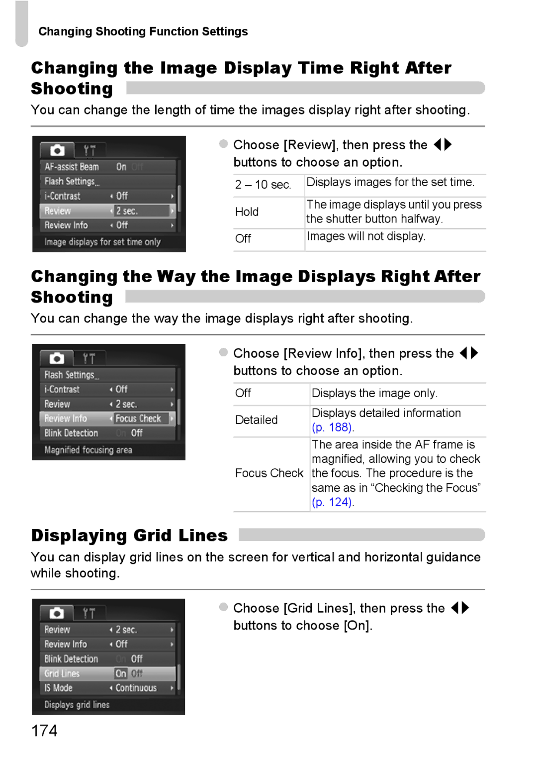 Canon 117 HS, 115 HS manual Changing the Image Display Time Right After Shooting, Displaying Grid Lines, 174 