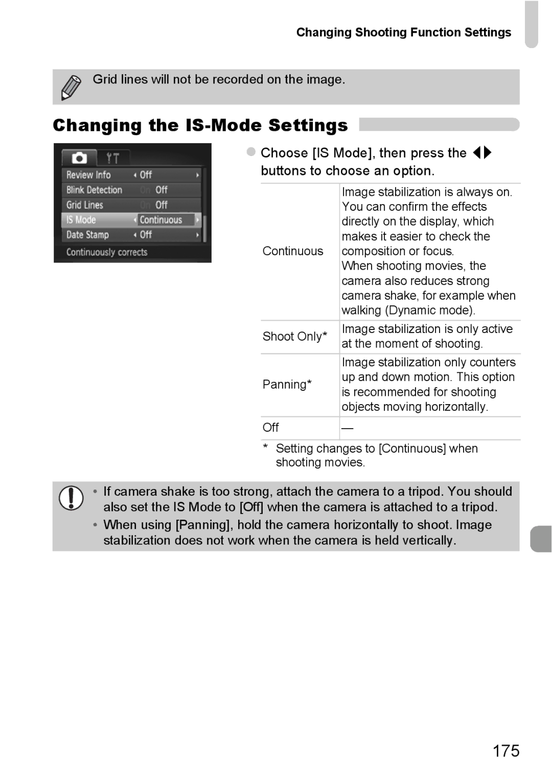 Canon 115 HS, 117 HS manual Changing the IS-Mode Settings, 175 