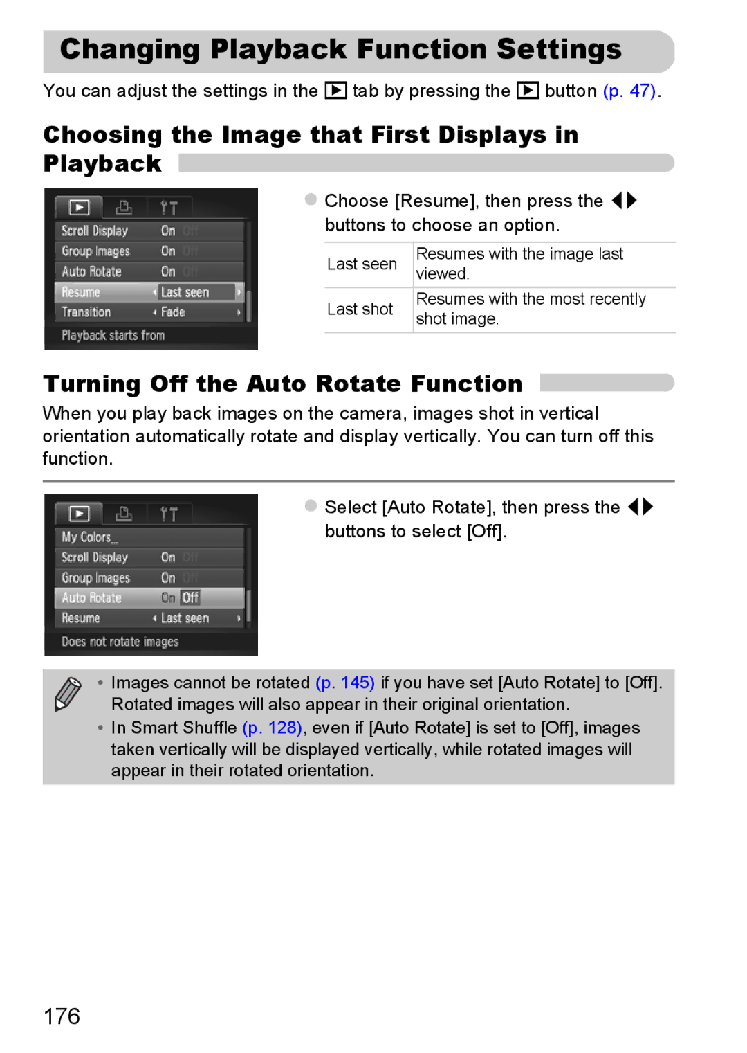 Canon 117 HS, 115 HS manual Changing Playback Function Settings, Choosing the Image that First Displays in Playback, 176 