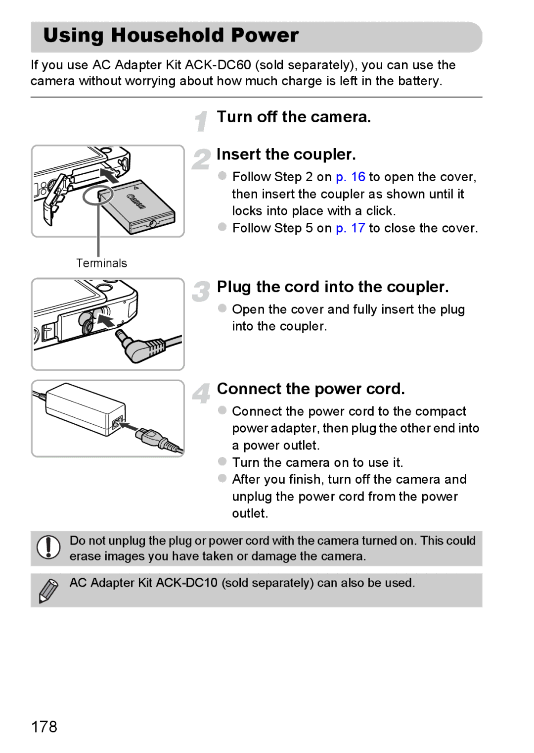 Canon 117 HS, 115 HS Using Household Power, Turn off the camera Insert the coupler, Plug the cord into the coupler, 178 