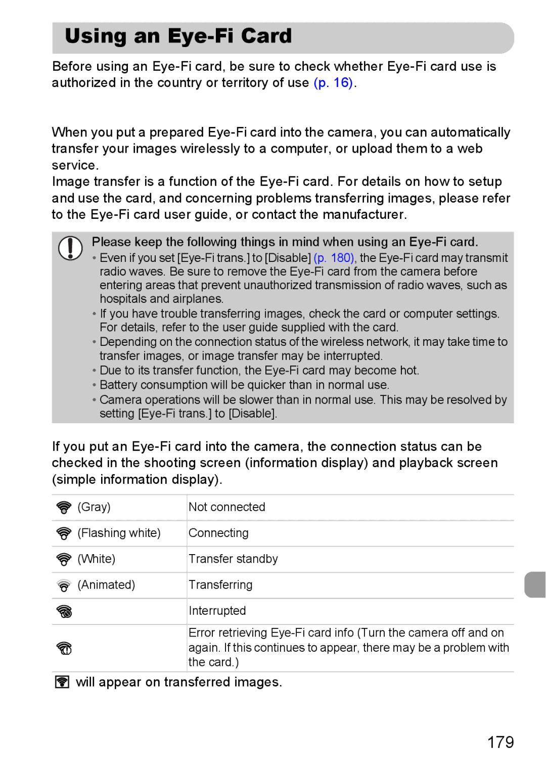 Canon 115 HS, 117 HS manual Using an Eye-Fi Card, 179, Will appear on transferred images 