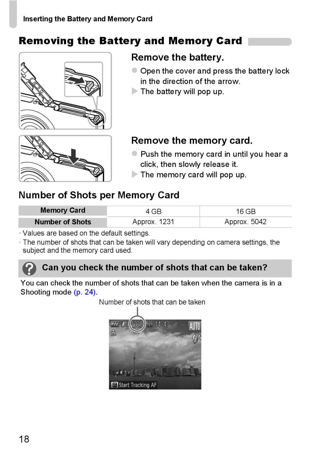 Canon 117 HS, 115 HS manual Removing the Battery and Memory Card, Remove the memory card, Number of Shots per Memory Card 