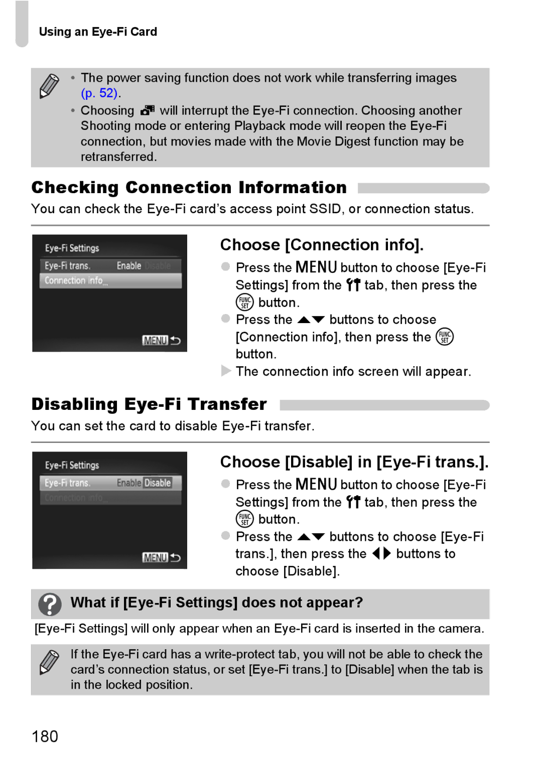 Canon 117 HS, 115 HS manual Checking Connection Information, Disabling Eye-Fi Transfer, Choose Connection info, 180 