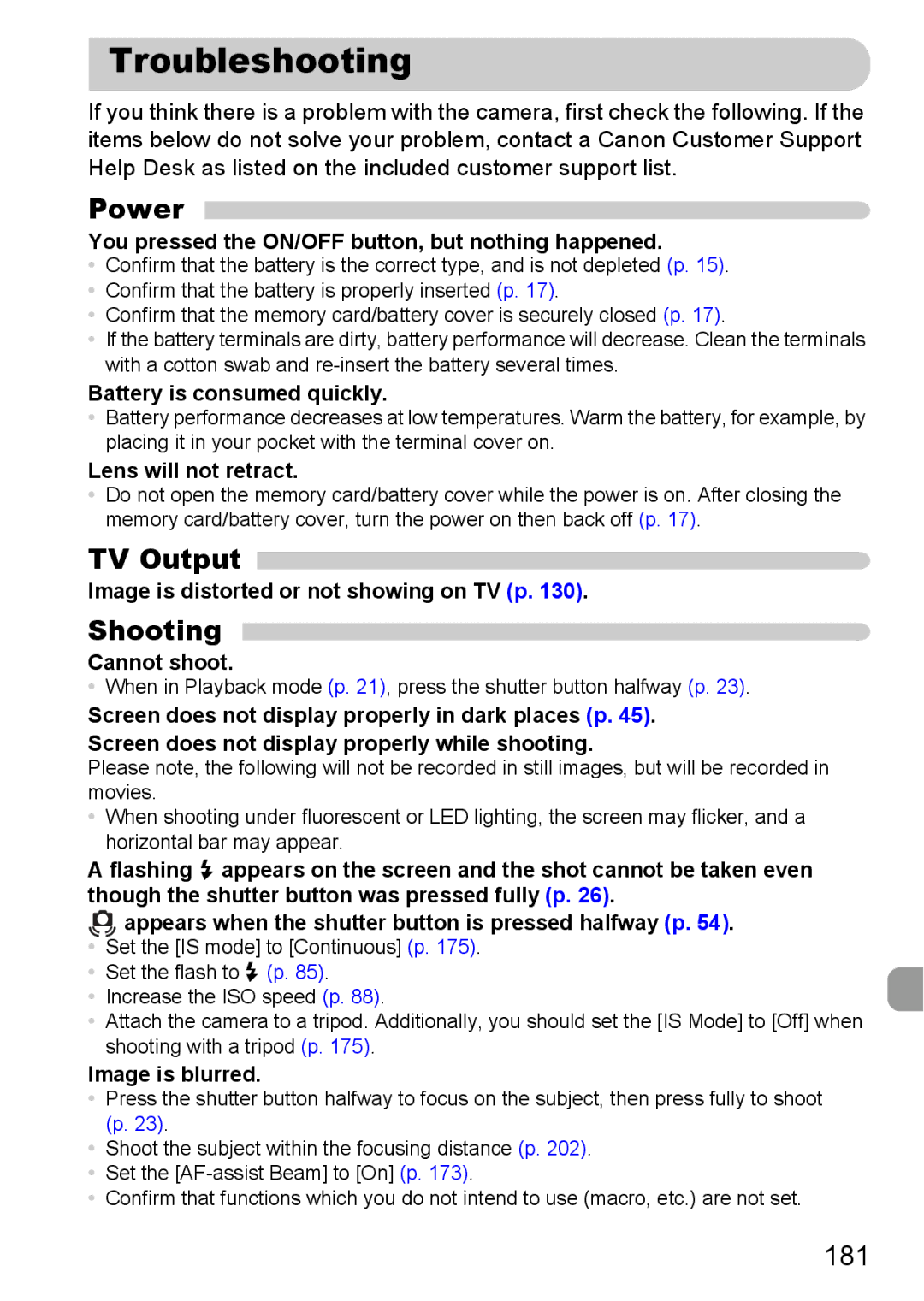 Canon 115 HS, 117 HS manual Troubleshooting, Power, TV Output, 181 