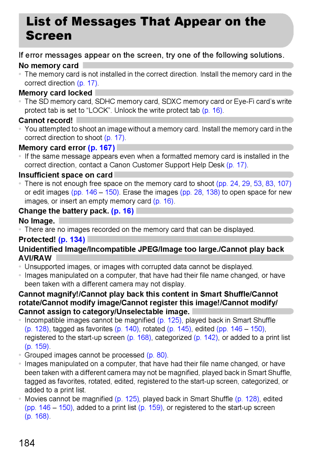 Canon 117 HS, 115 HS manual List of Messages That Appear on the Screen, 184 