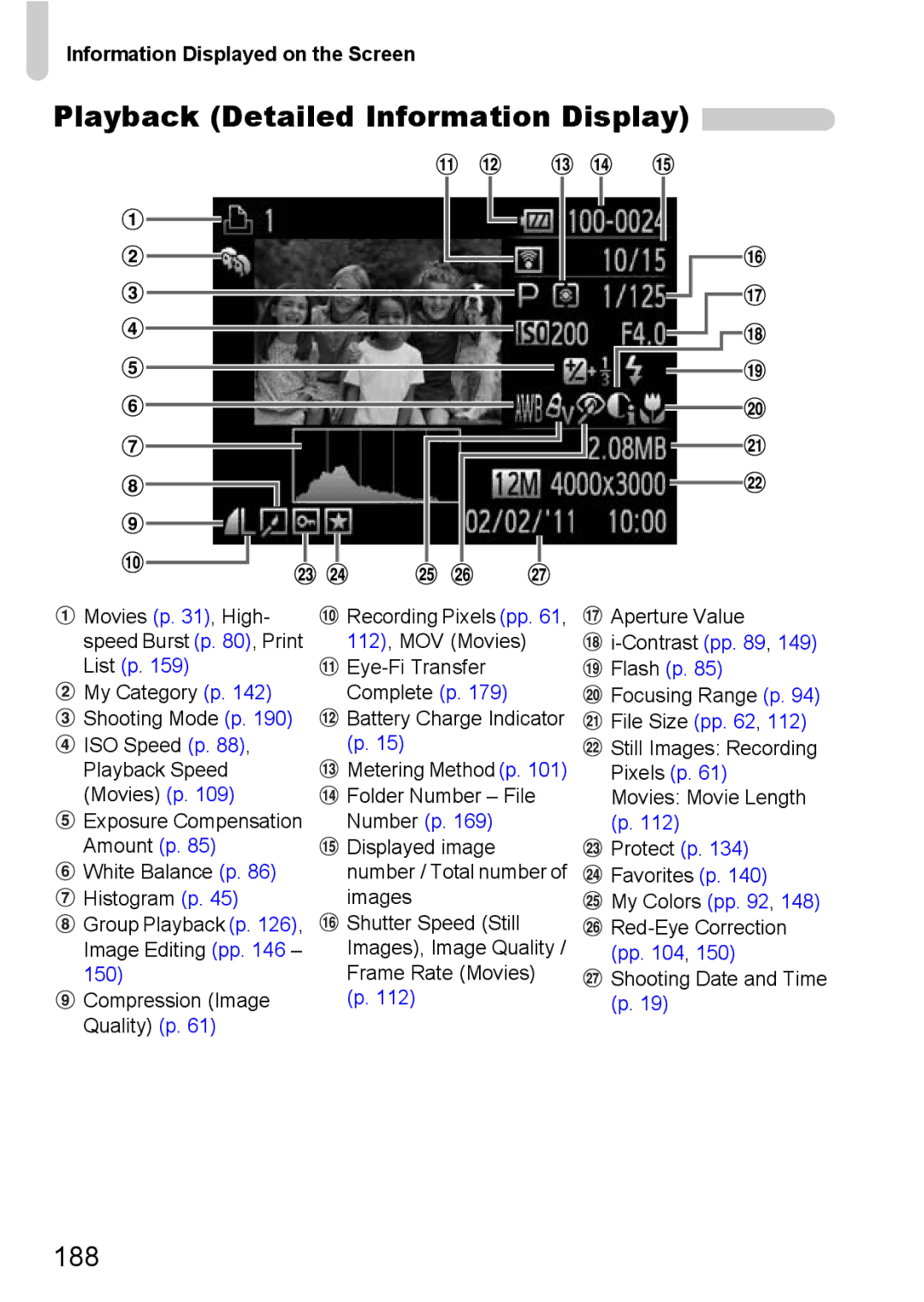 Canon 117 HS, 115 HS manual Playback Detailed Information Display, 188 