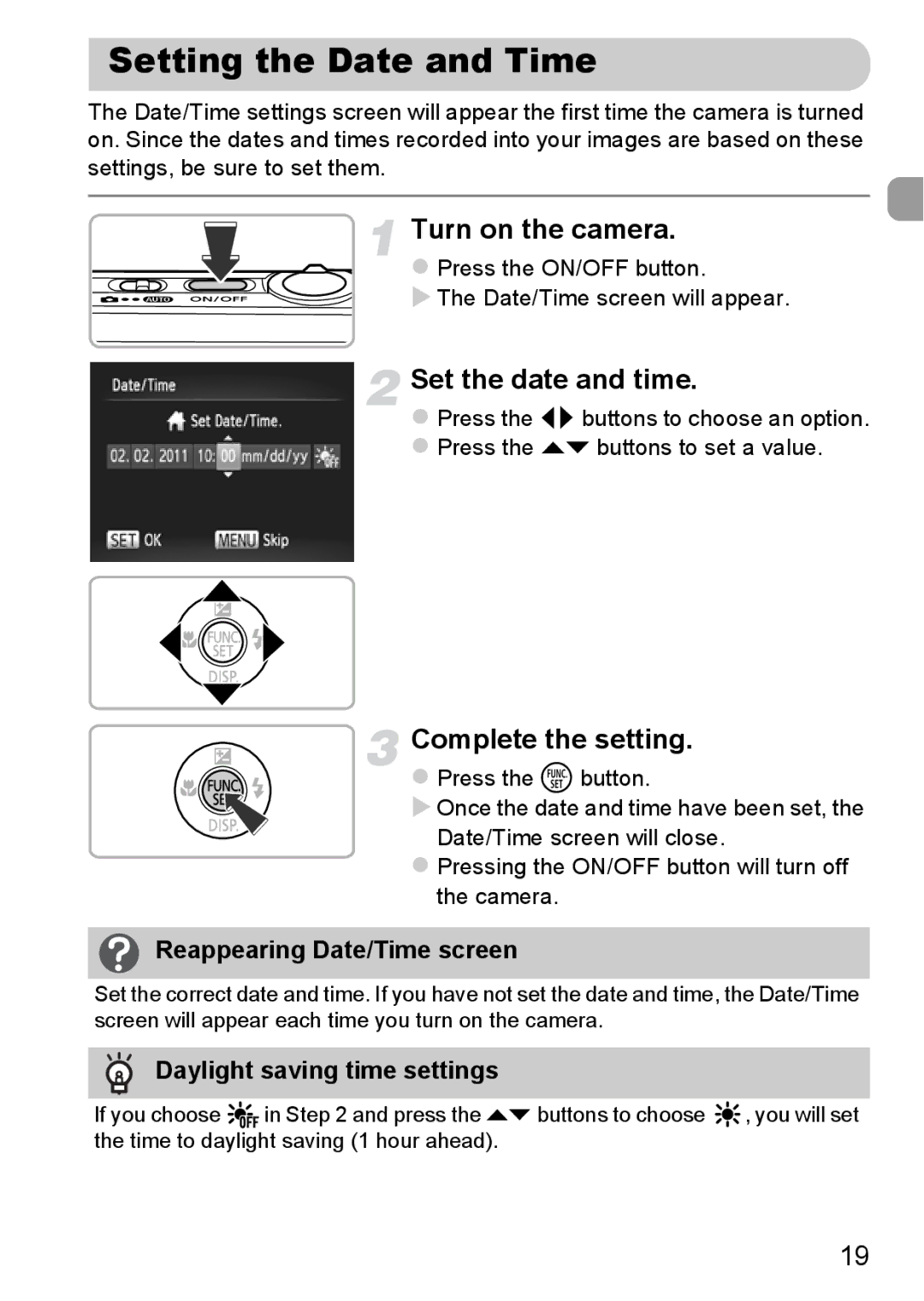 Canon 115 HS, 117 HS manual Setting the Date and Time, Turn on the camera, Set the date and time, Complete the setting 