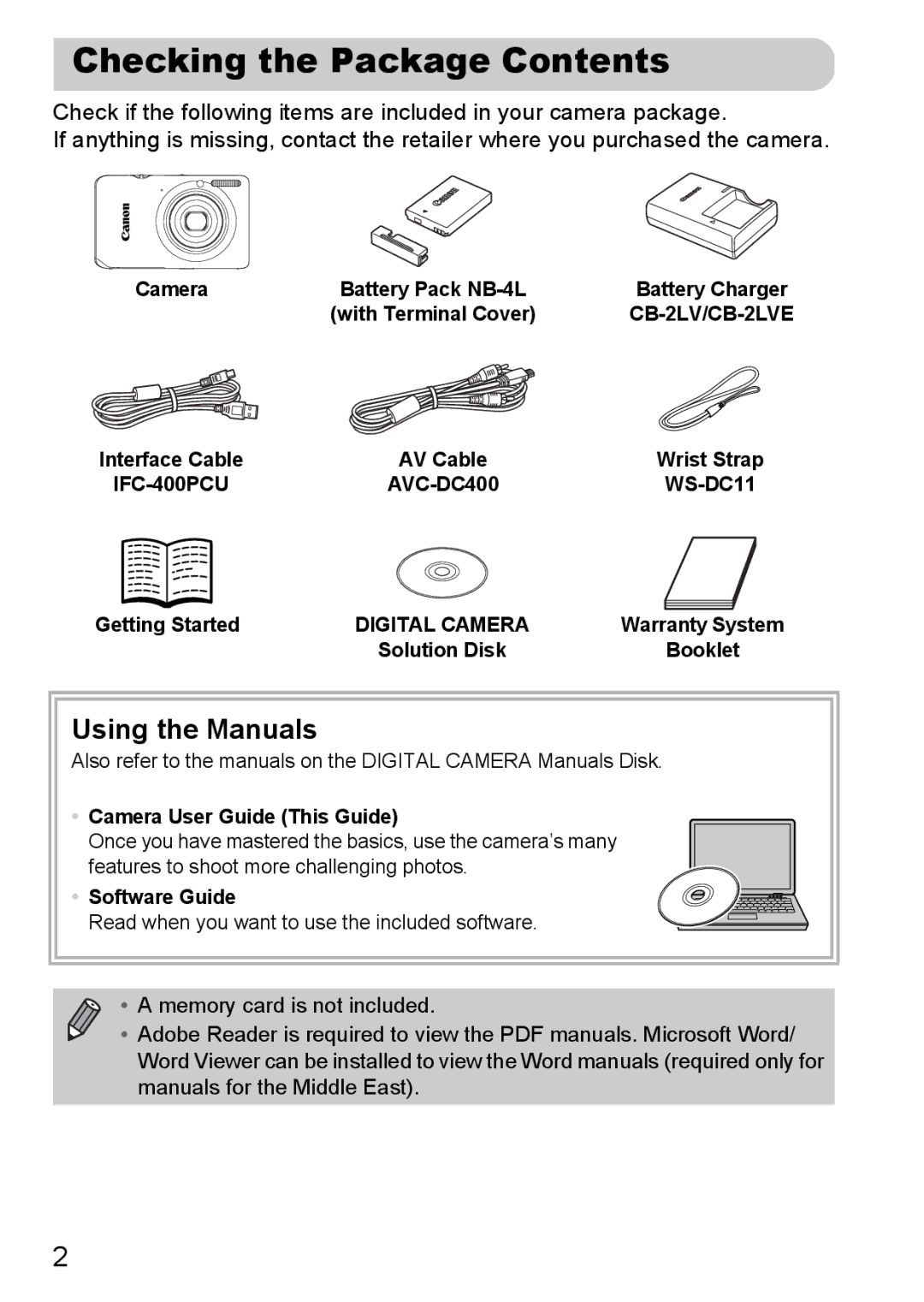 Canon 117 HS, 115 HS manual Checking the Package Contents 