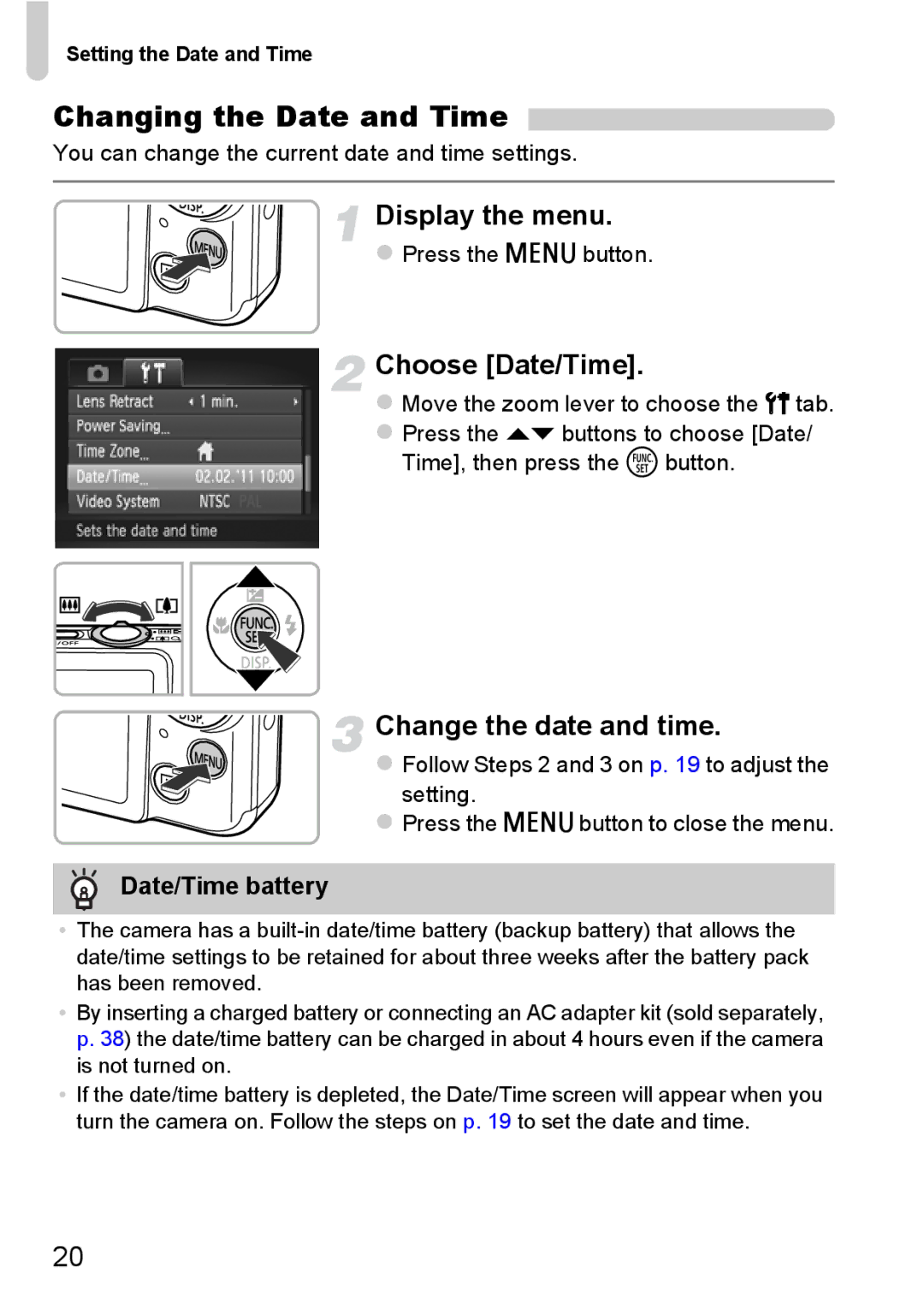 Canon 117 HS Changing the Date and Time, Display the menu, Choose Date/Time, Change the date and time, Date/Time battery 