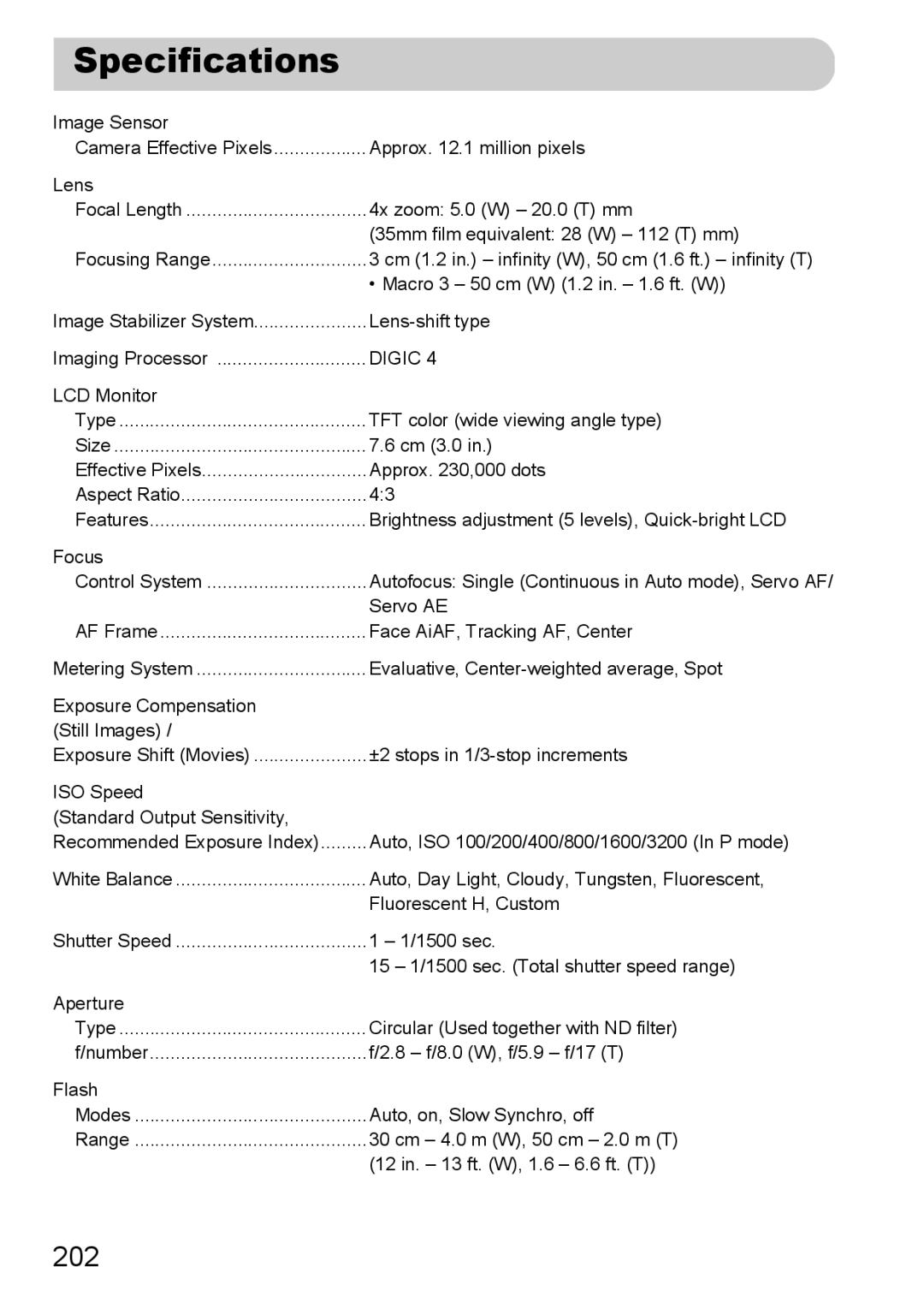 Canon 117 HS, 115 HS manual Specifications, 202 