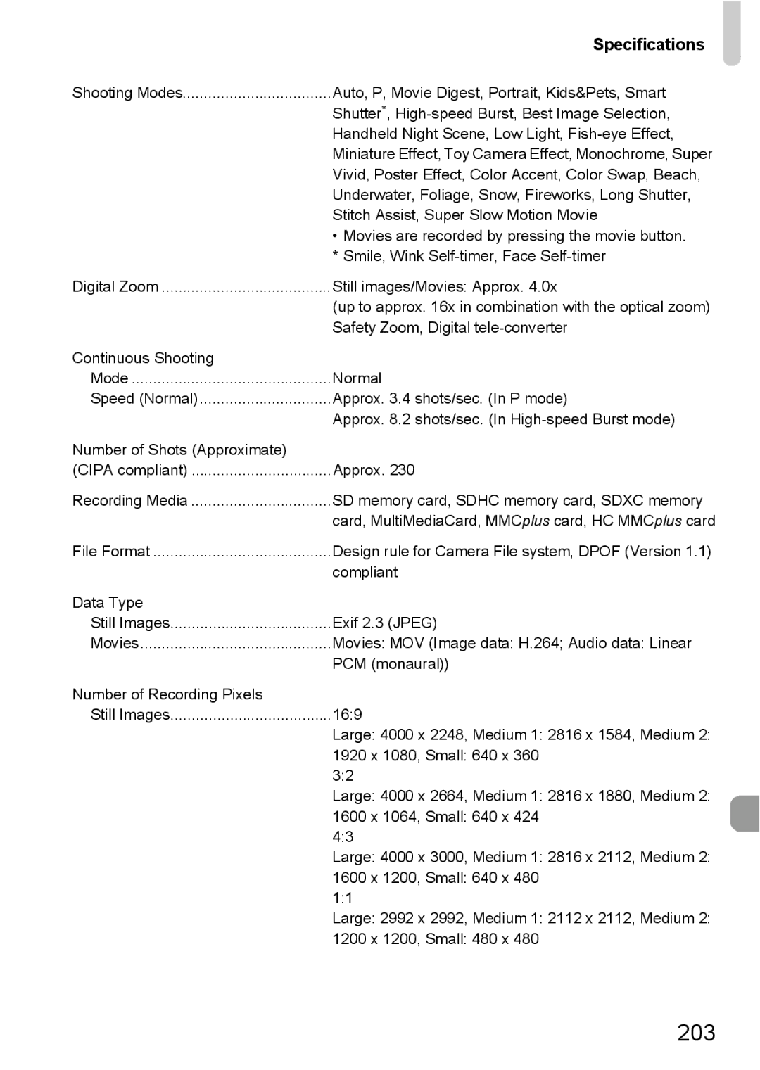 Canon 115 HS, 117 HS manual 203, Specifications 