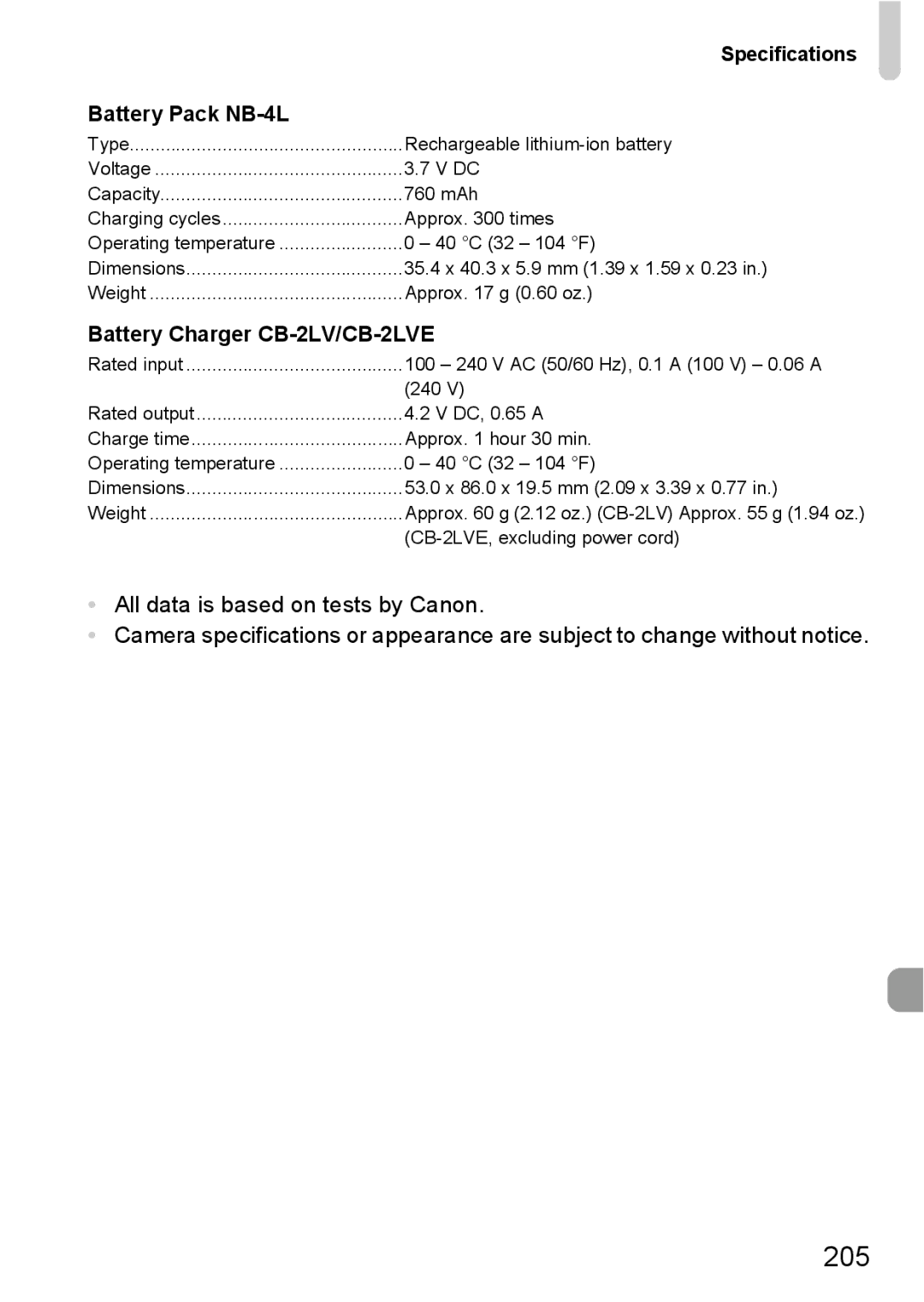 Canon 115 HS 205, All data is based on tests by Canon, Specifications Battery Pack NB-4L, Battery Charger CB-2LV/CB-2LVE 